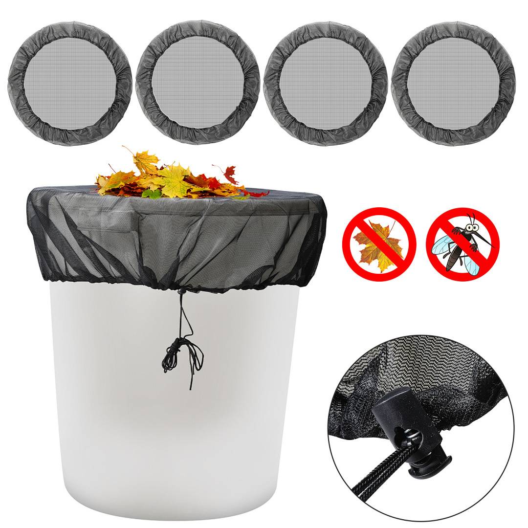 Ein Mülleimer mit einem schwarzen Netz bedeckt, um Blätter und Insekten fernzuhalten. Oben sind vier runde Netzabdeckungen abgebildet, ohne Anzeichen von Blättern und Ungeziefer.