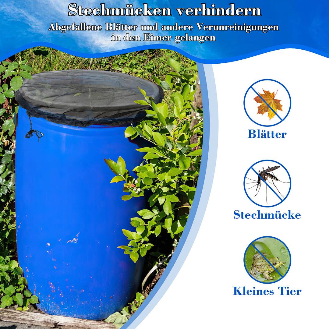 Ein blauer Regenfass mit einem Gitterdeckel zur Vorbeugung gegen Mücken und Schmutz, umgeben von Pflanzen; Ausschnittbilder zeigen Blätter, eine Mücke und ein kleines Insekt.