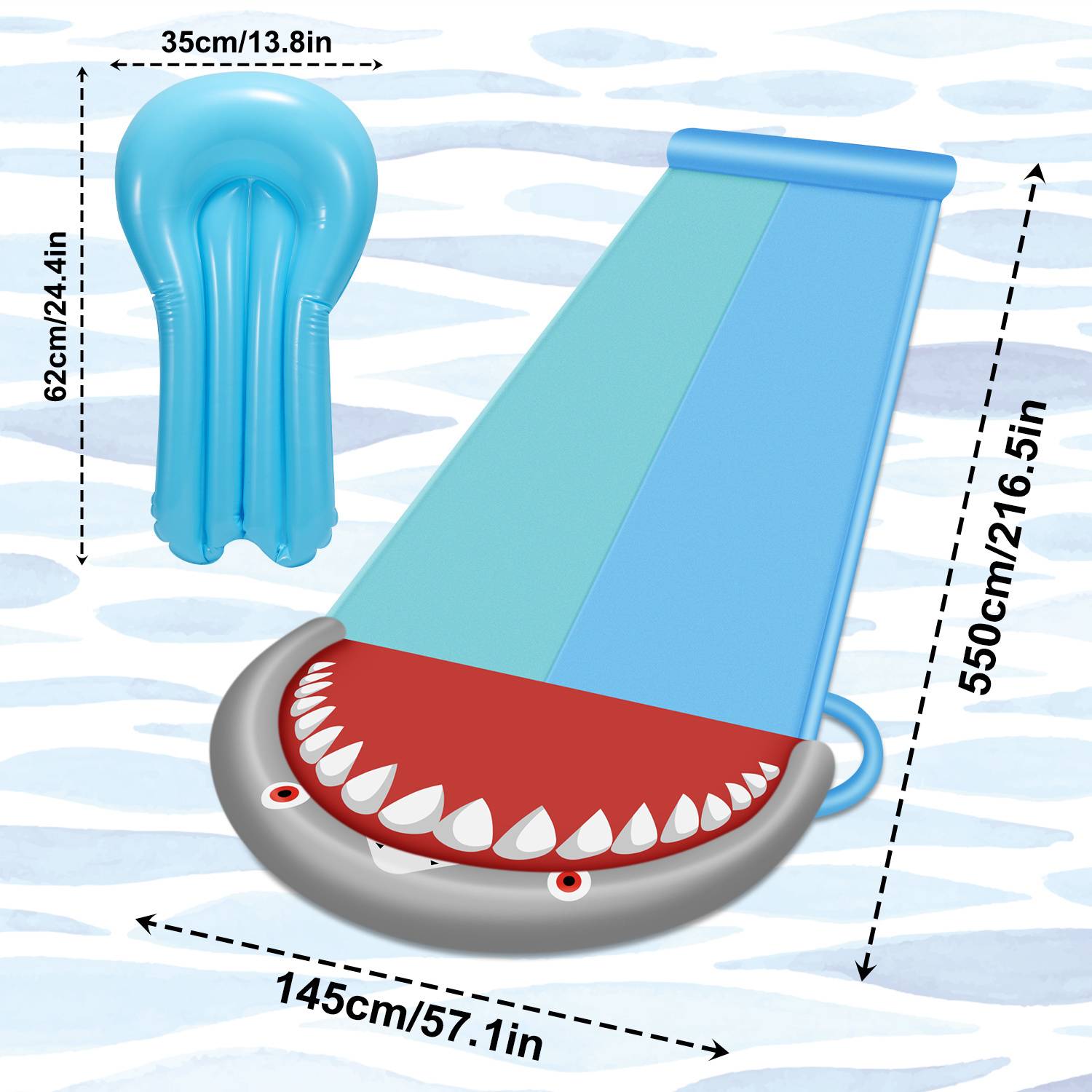 Aufblasbarer Wasserrutsche mit Haidesign, Abmessungen 145 cm / 57,1 Zoll x 550 cm / 216,5 Zoll, gezeigt neben einem blauen aufblasbaren Sitz, 35 cm / 13,8 Zoll x 62 cm / 24,4 Zoll.