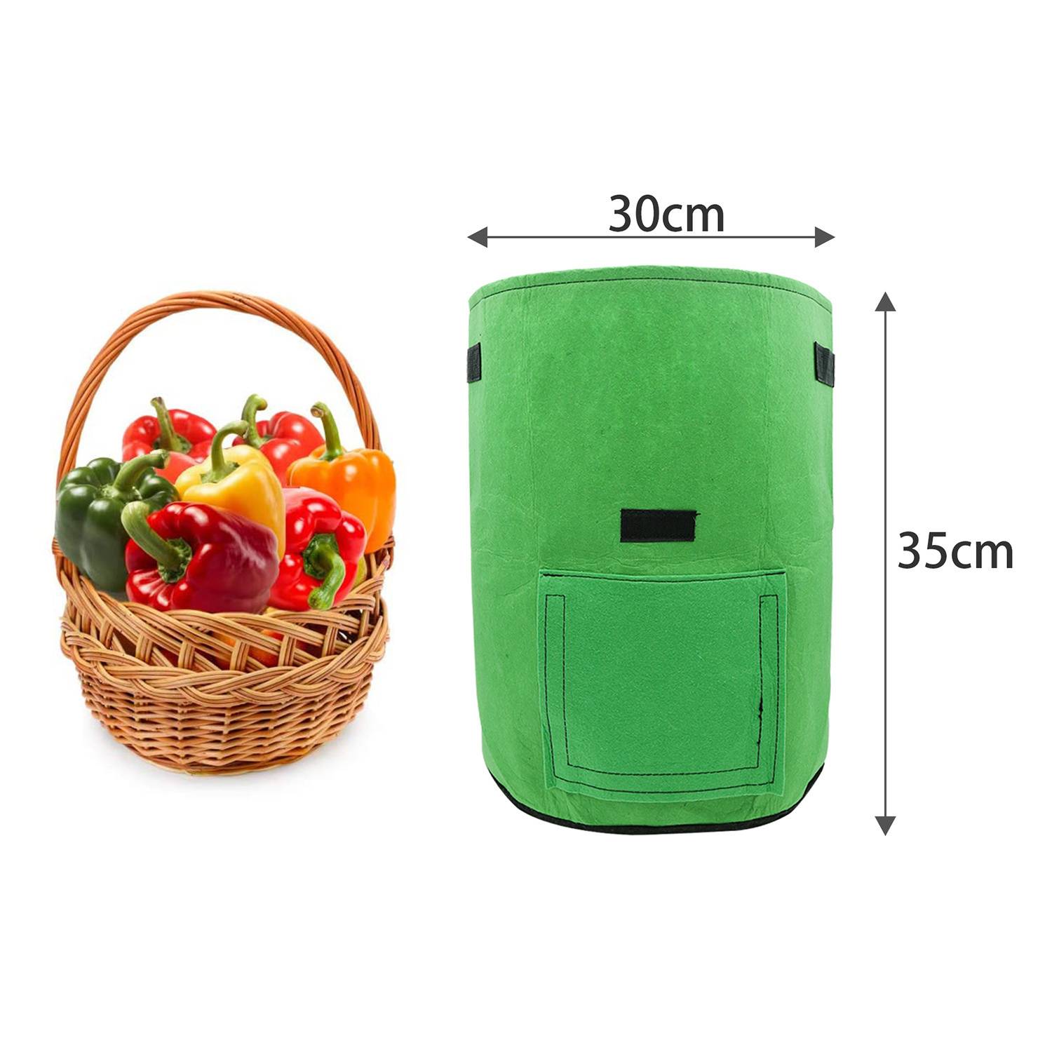 Ein grüner Stoff-Wachstumsbeutel mit den Maßen 30 cm x 35 cm wird neben einem Korb mit farbenfrohen Paprikaschoten gezeigt, was das Potenzial der Pflanzengröße hervorhebt.