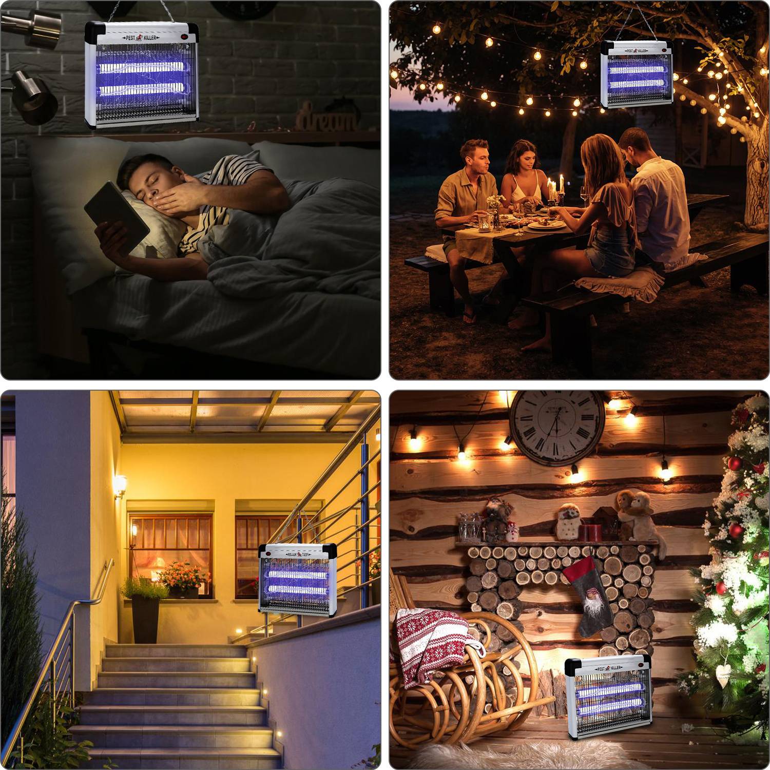 Die Bildcollage zeigt einen tragbaren Insektenvernichter in verschiedenen Umgebungen: über einem Bett, bei einem Gartendinner, auf einer Veranda und in der Nähe von Weihnachtsdekoration.
