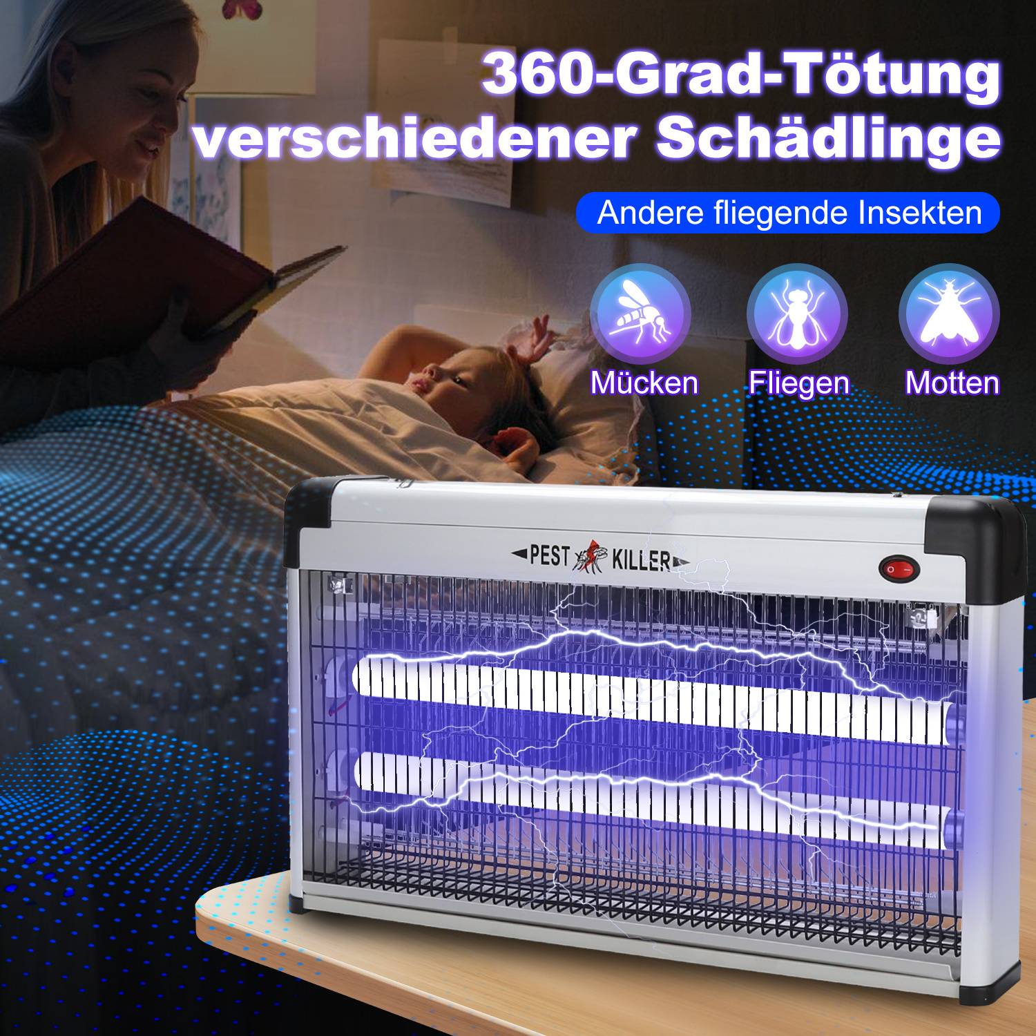 Elektrischer Insektentöter auf einem Tisch; beschriftete Knöpfe für Mücken, Fliegen und Motten. Im Hintergrund liest eine Person neben einem schlafenden Kind.