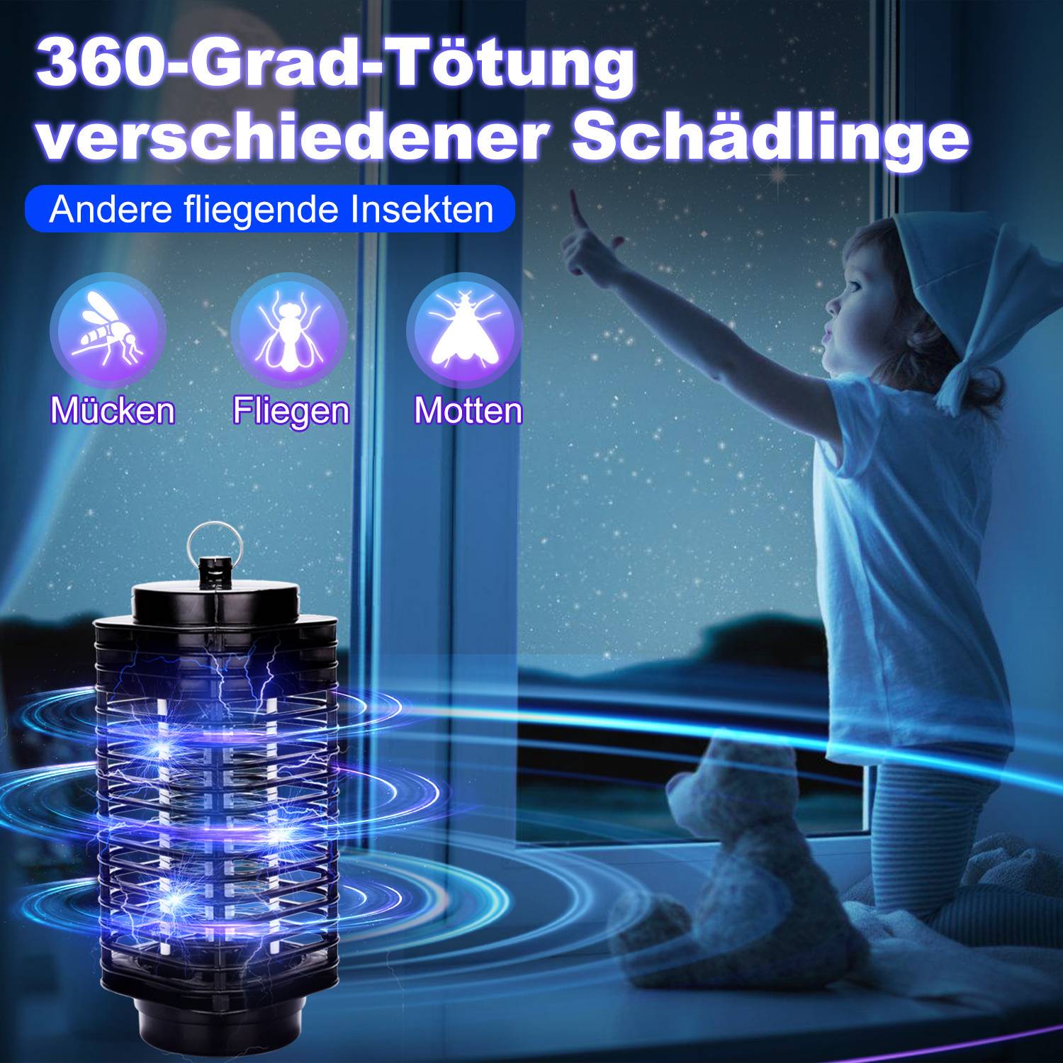 Kind schaut aus dem Fenster, während eine leuchtende Insektenfalle „360-Grad-Tötung verschiedener Schädlinge