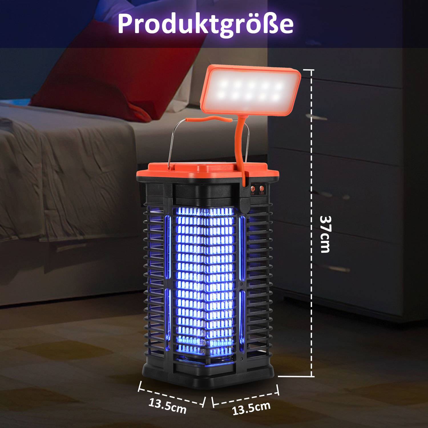 Elektrische Insektenfalle mit LED-Licht, 37 cm hoch und 13,5 cm breit, im Schlafzimmer neben einem Bett aufgestellt.