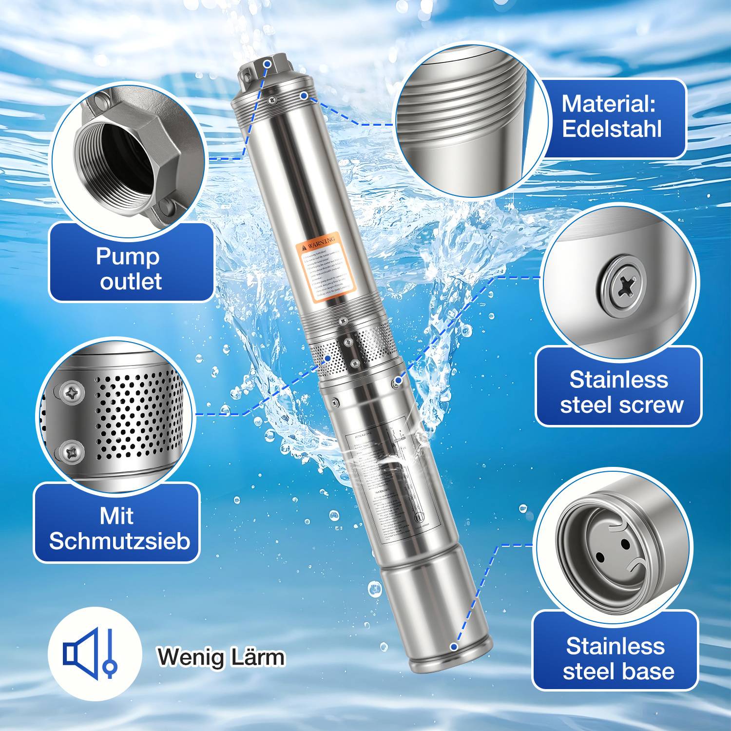 Eine Edelstahlwasserpumpe wird gezeigt mit gekennzeichneten Teilen: Pumpenauslass, Schmutzfilter, Edelstahlschraube und Basis. Der Text lautet „Wenig Lärm.
