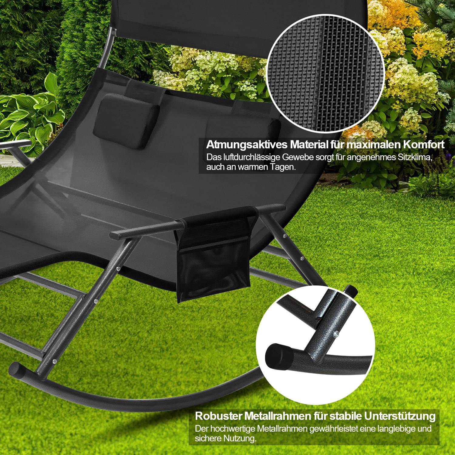 Ein schlanker schwarzer Outdoor-Schaukelstuhl mit atmungsaktivem Material für Komfort, vor einem üppig grünen Garten positioniert. Die Nahaufnahme zeigt die Stofftextur.