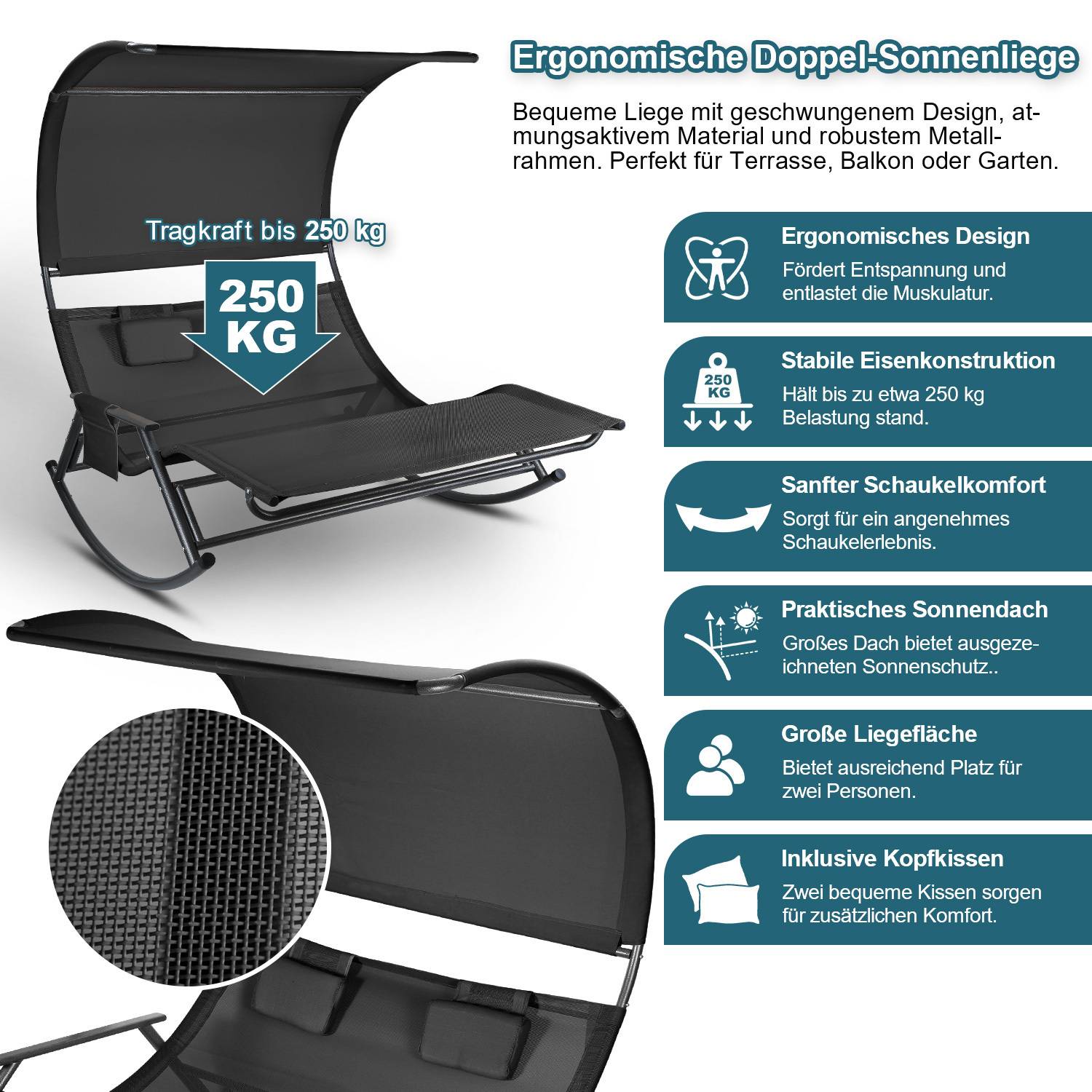 Ergonomischer zweiflächiger Sonnenliege mit Baldachin, tragend bis zu 250 kg. Die Merkmale umfassen Stabilität, Komfort und verstellbares Dach. Ideal für Terrassen oder Gärten.