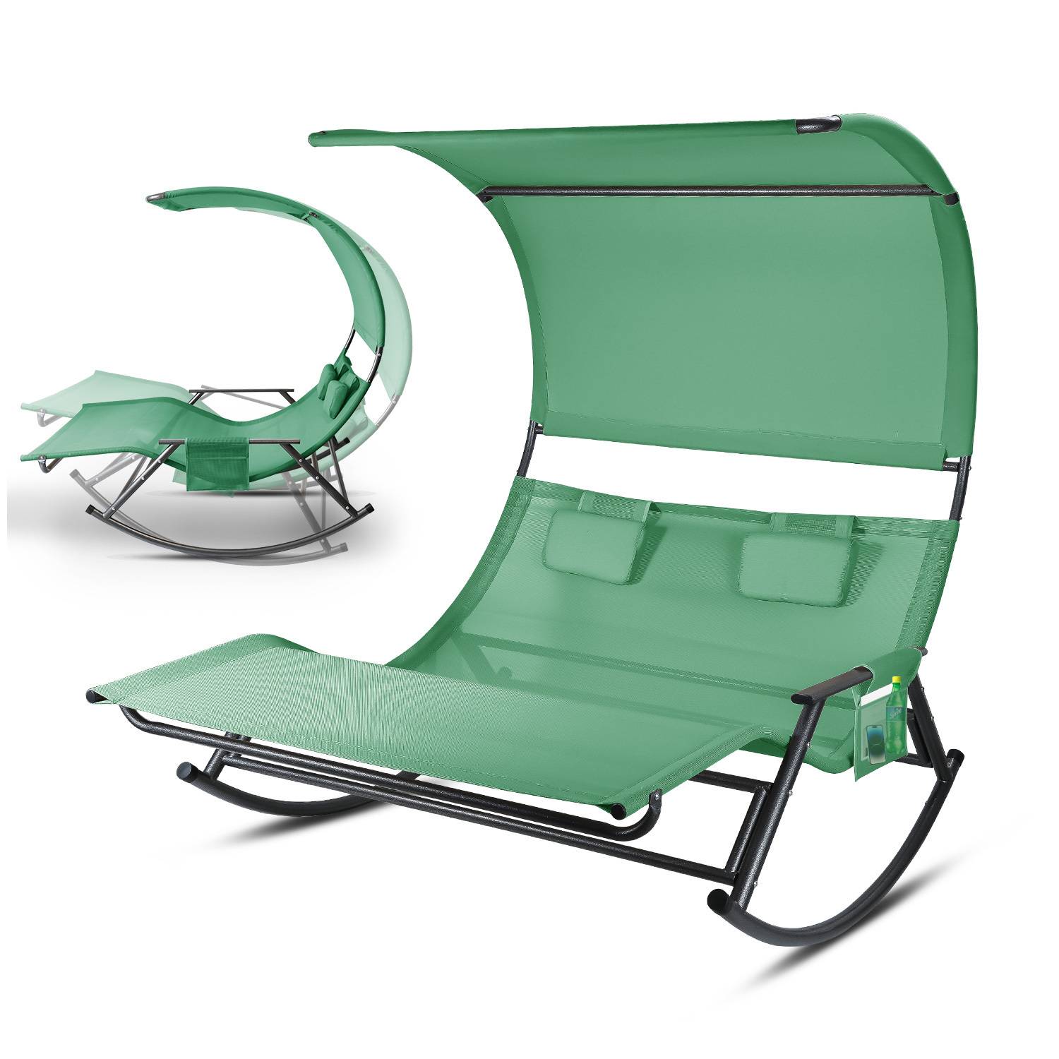 Ein grüner Outdoor-Schaukelliege mit Sonnenschutzdach, von zwei Winkeln gezeigt. Sie verfügt über ein stabiles schwarzes Gestell und Kopfstützenkissen.