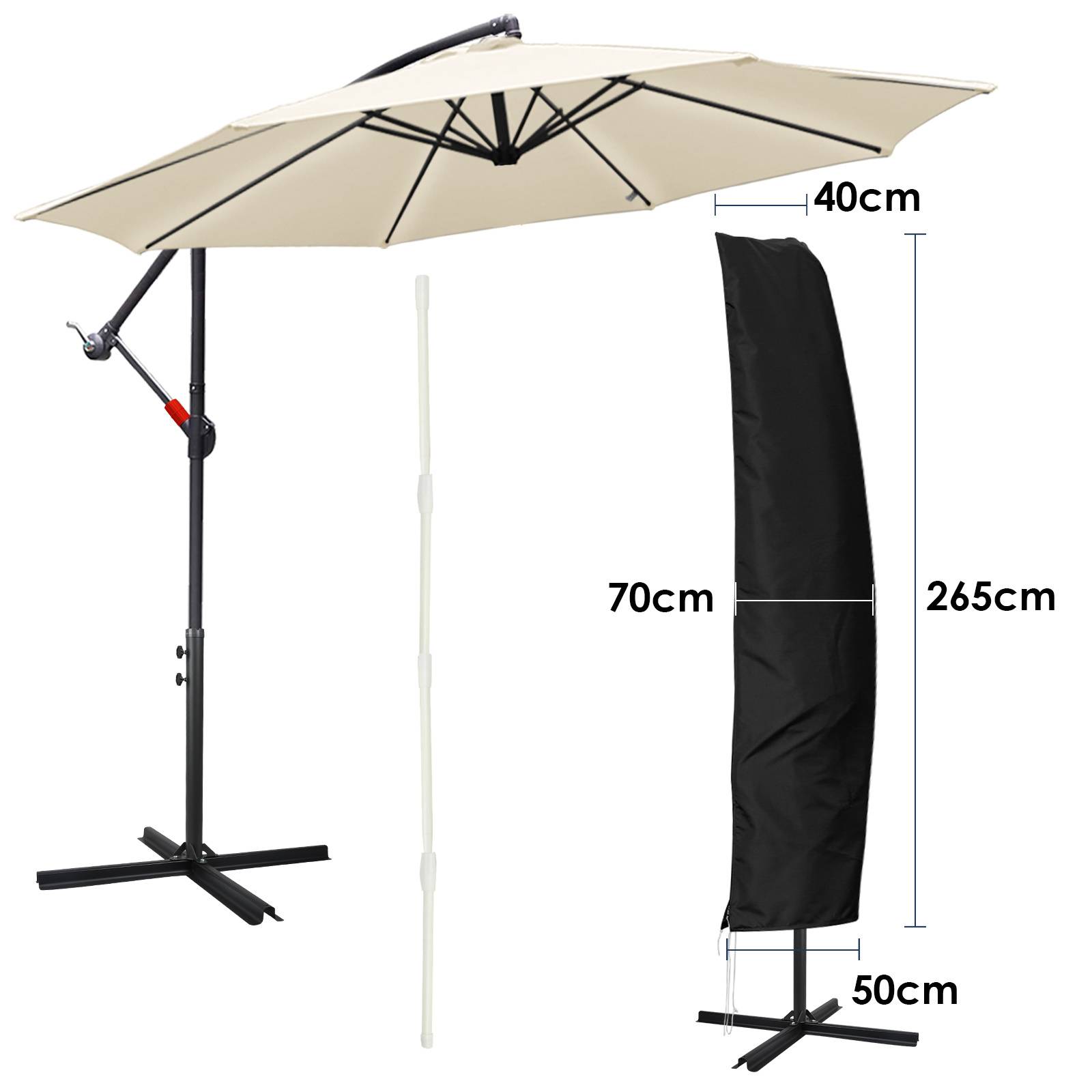Ein beiger Kragarmschirm für die Terrasse mit schwarzem Ständer, geöffnet und mit Schutzhülle dargestellt. Abmessungen: 265cm Höhe, Baldachin 40cm, Basis 50cm, Schutzhülle 70cm.