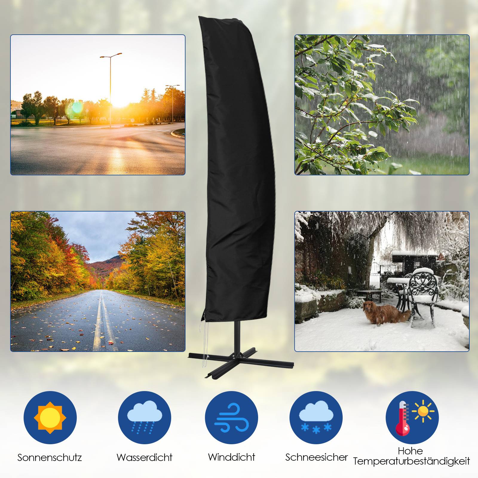 Bild zeigt eine schwarze Outdoor-Regenschirm-Abdeckung. Vier kleinere Fotos zeigen saisonale Bedingungen: sonnig, regnerisch, windig und schneereich, was die Schutzfunktionen der Abdeckung vermuten lässt. Deutscher Text weist auf Sonnenschutz, Wasserdichtheit, Windfestigkeit, Schneebeständigkeit und Hochtemperaturbeständigkeit hin.