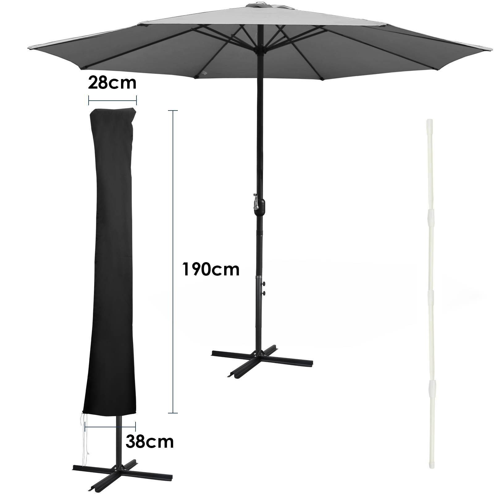 Ein schwarzer Terrassenschirm mit folgenden Abmessungen: Höhe 190 cm, Sockelbreite 38 cm und Schirmbreite 28 cm. Daneben ist eine Schutzhülle abgebildet.