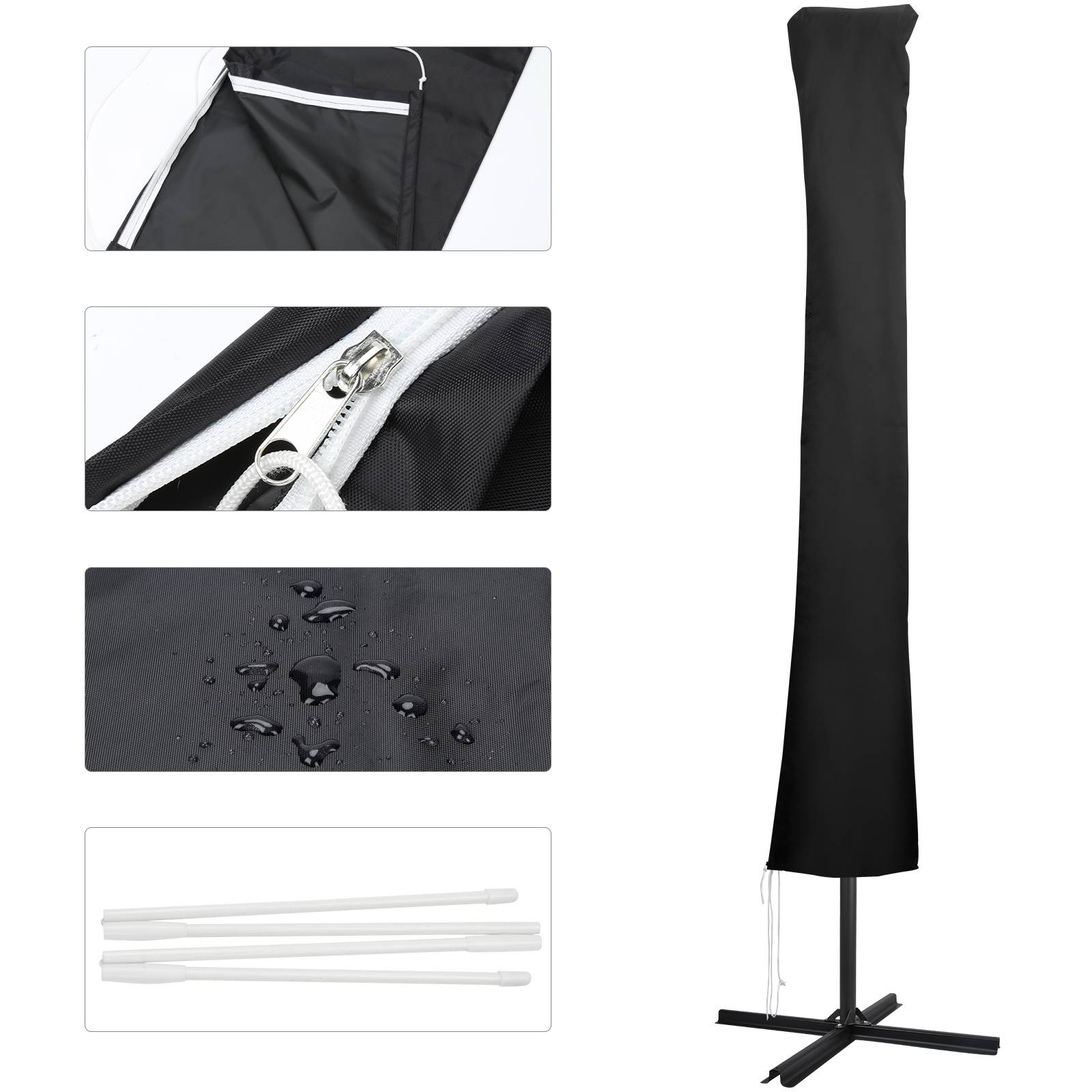 Ein hoher, schwarzer Terrassenheizer-Überzug steht auf einem Ständer. Einsätze zeigen eine Nahaufnahme eines Reißverschlusses, Wasserfestigkeit mit Wassertropfen und das Zusammensetzen von Stangen.