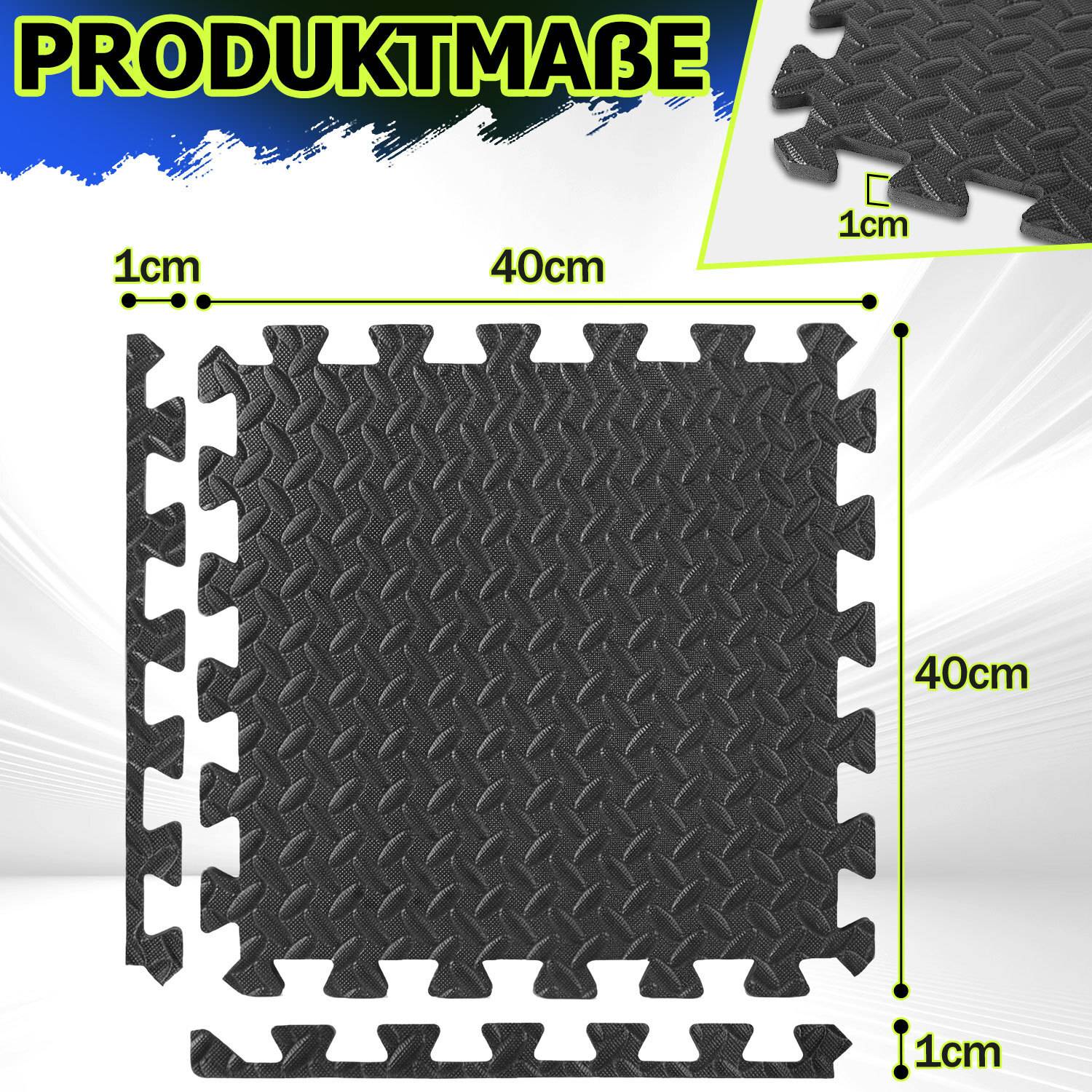 Eine schwarze, verschlüsselte Schaumstoffmatte misst 40 cm x 40 cm bei einer Dicke von 1 cm und wird mit abnehmbaren Kanten und Messindikatoren gezeigt.