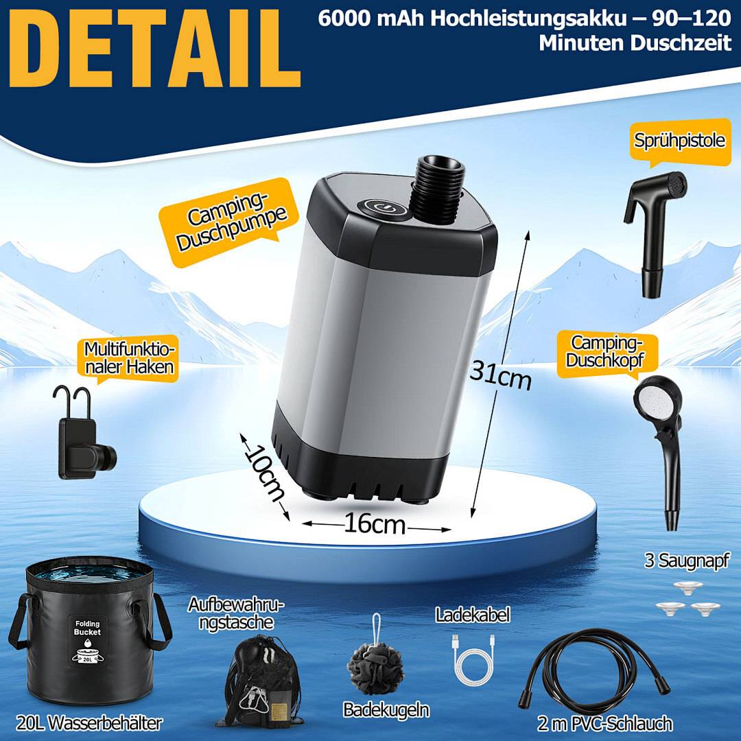 Tragbares Camping-Duschset mit 6000-mAh-Akku für 90-120 Minuten Nutzungsdauer. Enthält Duschkopf, Spritzpistole und Wassertank.