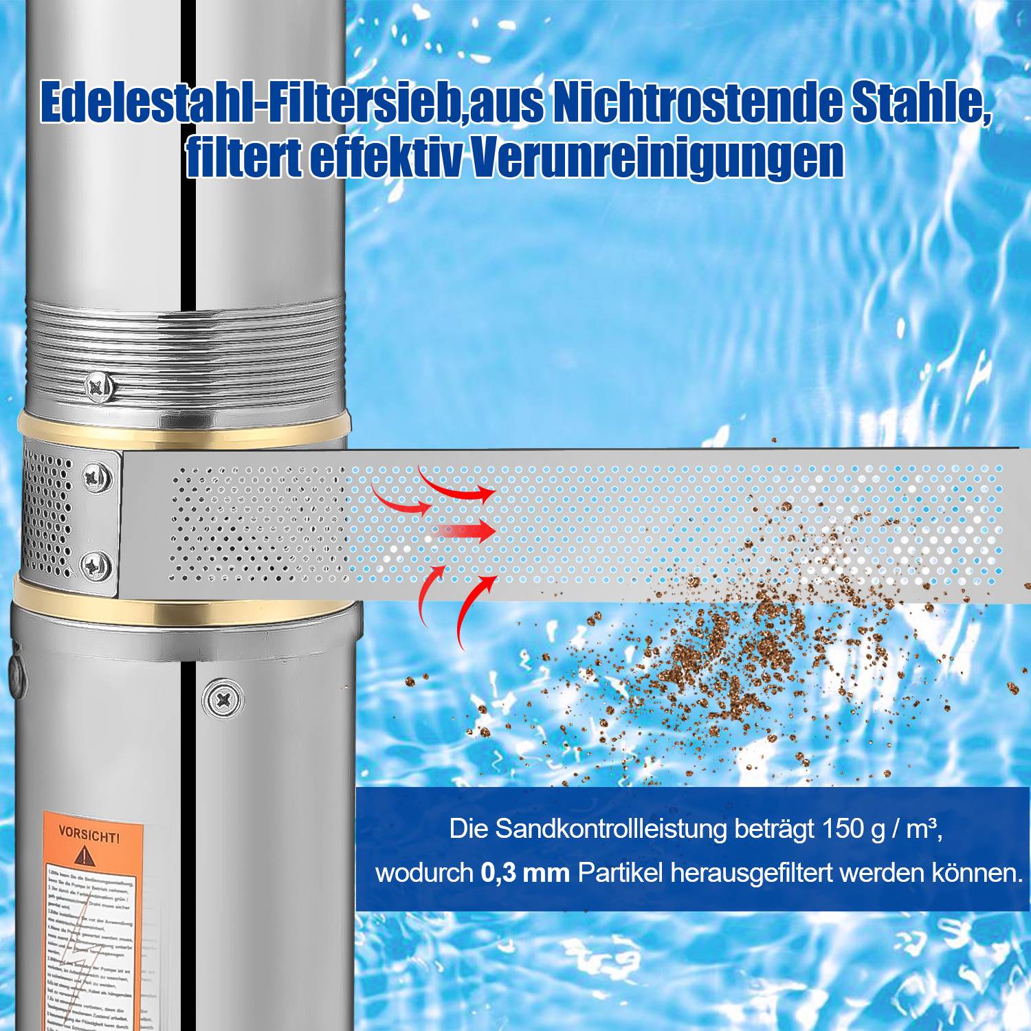 Ein Edelstahlfilter entfernt Verunreinigungen aus Wasser, indem er Sandpartikel einfängt. Warnschild sichtbar, mit Leistungsdaten unten.