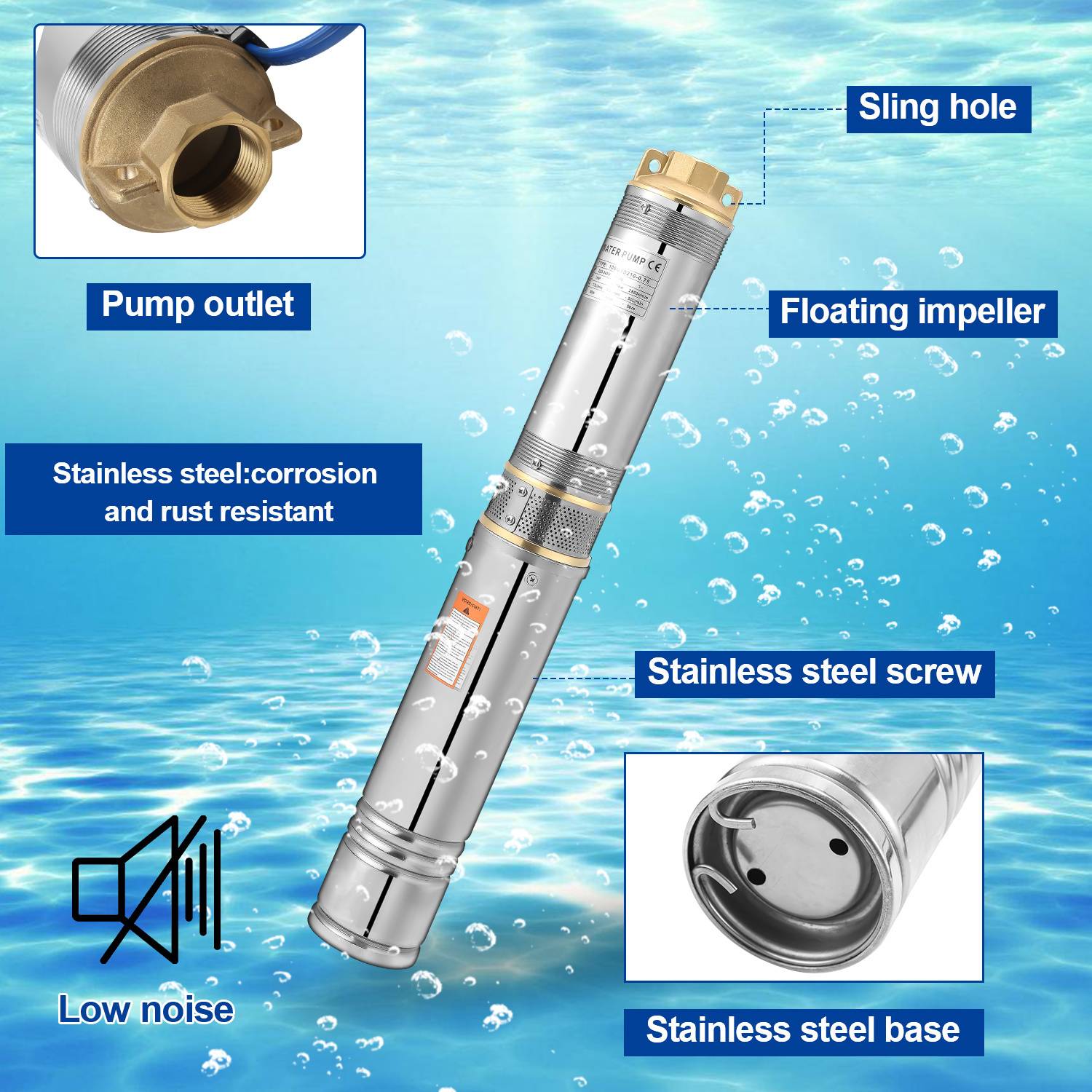 Eine Edelstahl-Tauchpumpe ist ins Wasser untergetaucht und weist folgende gekennzeichnete Teile auf: Pumpenauslass, Schlaufe zum Aufhängen, schwimmender Laufrad, Edelstahlschraube und Edelstahlbasis; bekannt für niedrigen Geräuschpegel und Beständigkeit gegen Korrosion und Rost.