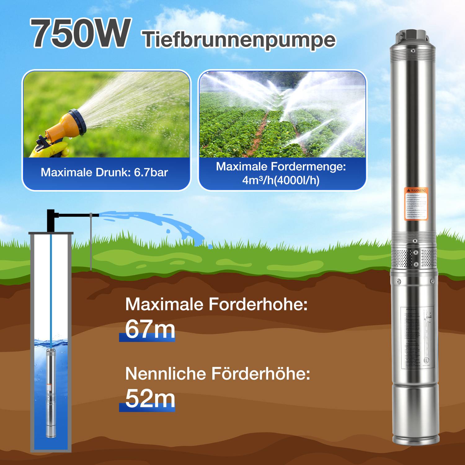 750W Tiefbrunnenpumpe': Das Diagramm zeigt eine Pumpe mit Details. Maximaler Druck: 6,7 bar, Durchsatz: 4m³/h. Maximale Förderhöhe: 67m, Nennnförderhöhe: 52m.