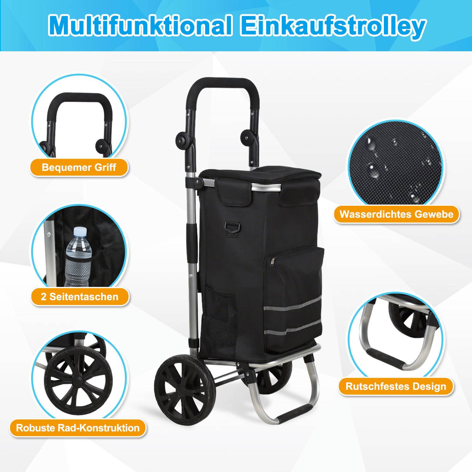 Ein Einkaufswagen mit ergonomischem Griff, zwei Seitentaschen, robustem Räderkonstruktion, rutschfestem Design und wasserfestem Stoff.