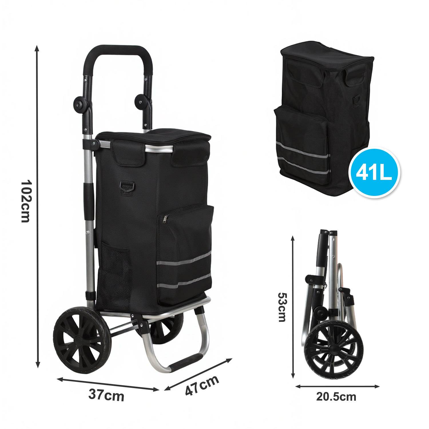 Einkaufswagen mit drei Bildern: aufrecht mit den Maßen 102cm Höhe, 37cm Breite, 47cm Tiefe; eine zusammengeklappte Version 53cm Höhe, 20,5cm Tiefe; und als Rucksack mit 41 Litern.