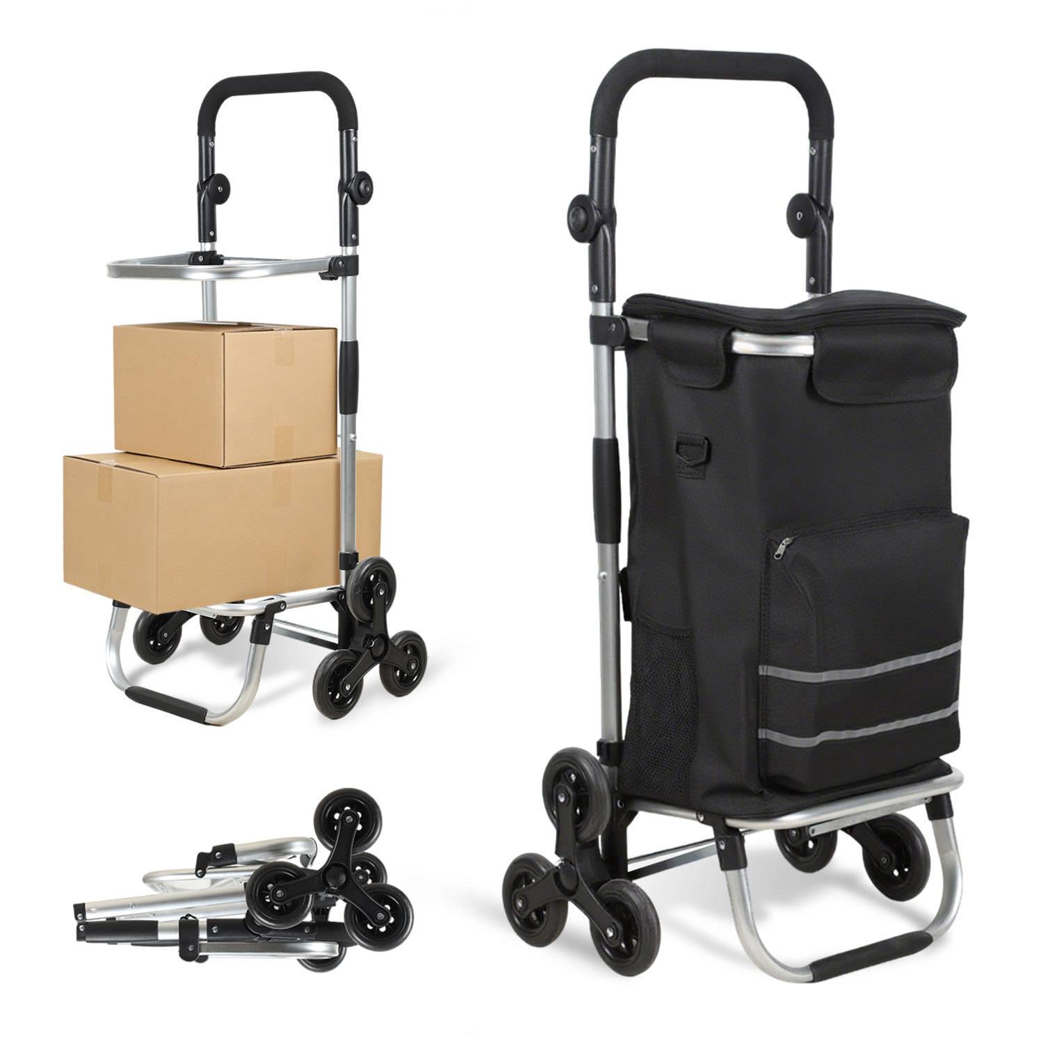 Ein vielseitiger klappbarer Wagen mit angebrachten Boxen und einem Rucksack. Er verfügt über drei Rad-Cluster zum einfachen Treppensteigen.