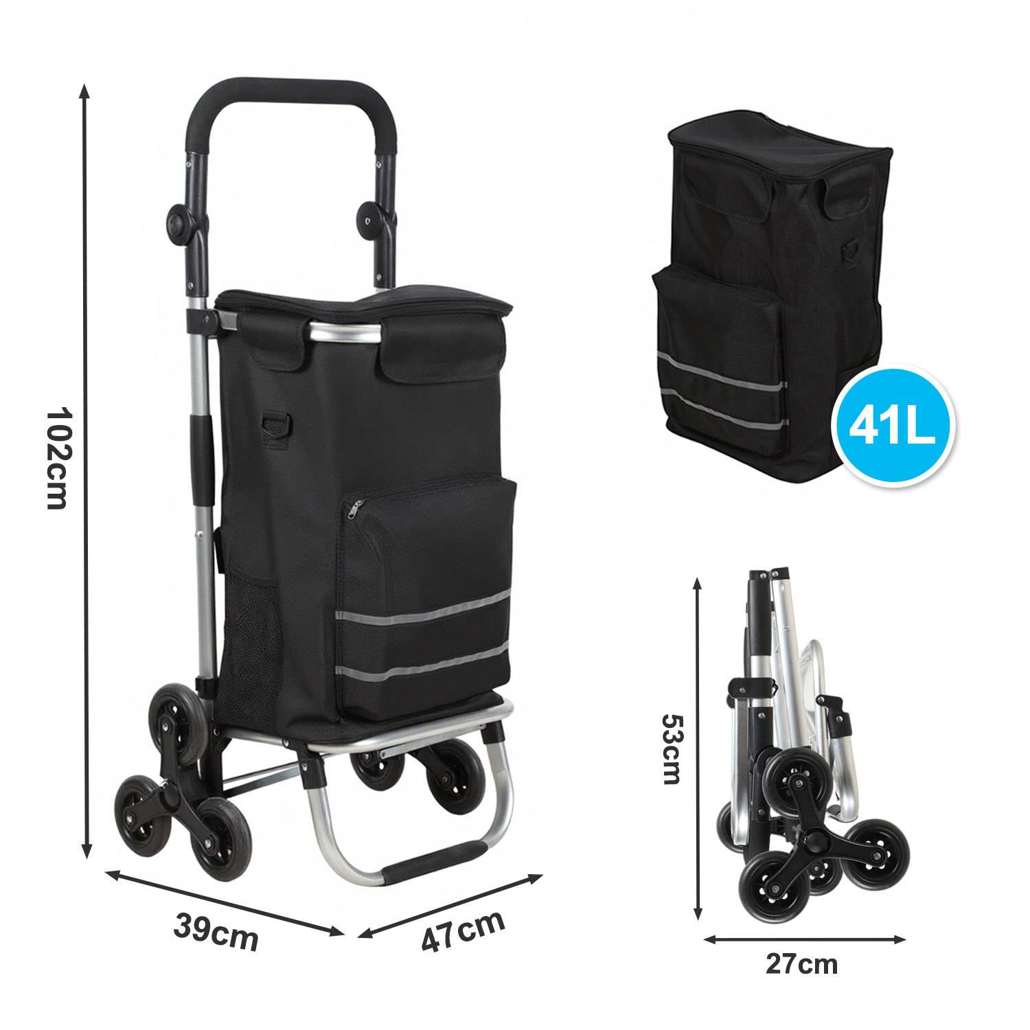 Einkaufswagen mit schwarzem Stoffbeutel und klappbarem Rahmen, Abmessungen 102 x 39 x 47 cm, Faltgröße 53 x 27 cm, Fassungsvermögen 41 Liter.