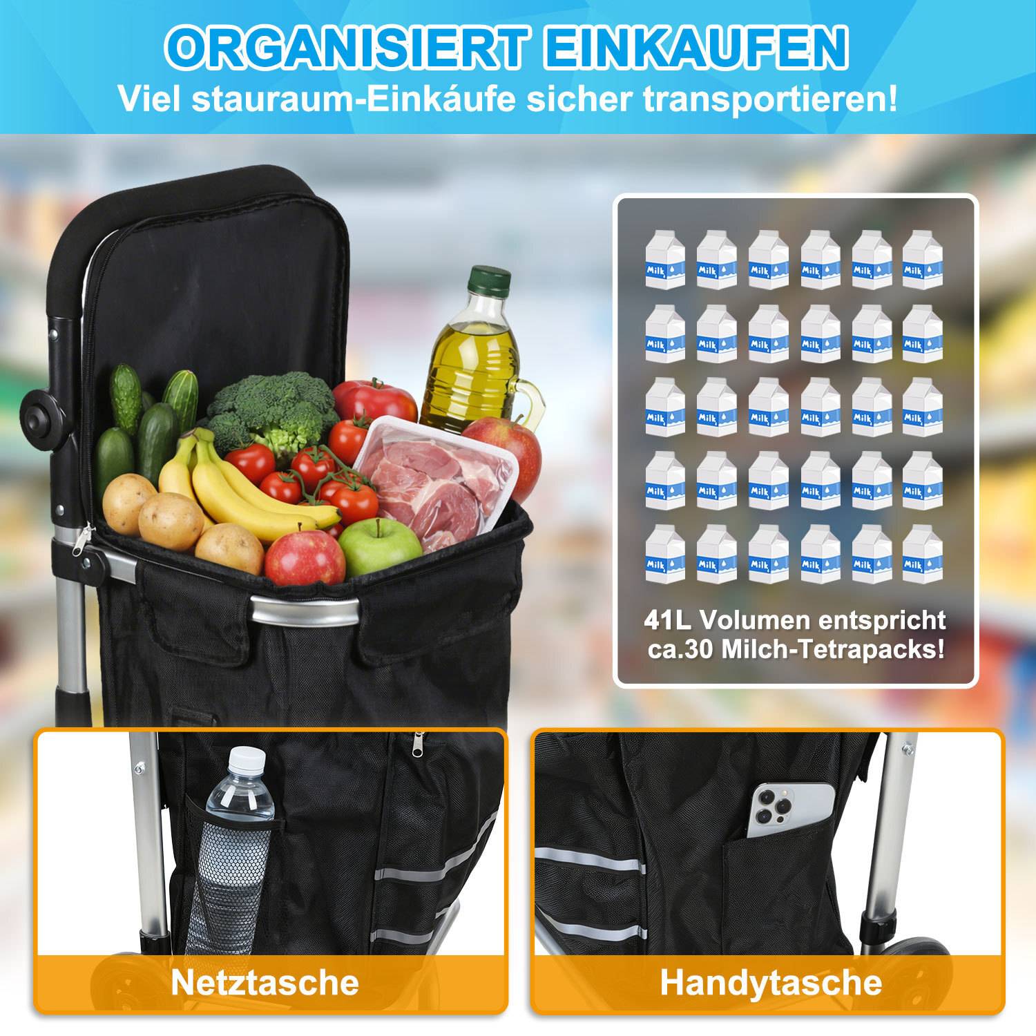 3in1 Einkaufstrolley 51L bis 50 kg klappbar abnehmbare Tasche 6 Rollen Tragegurt Treppensteiger Einkaufswagen Einkaufshilfe Trolley