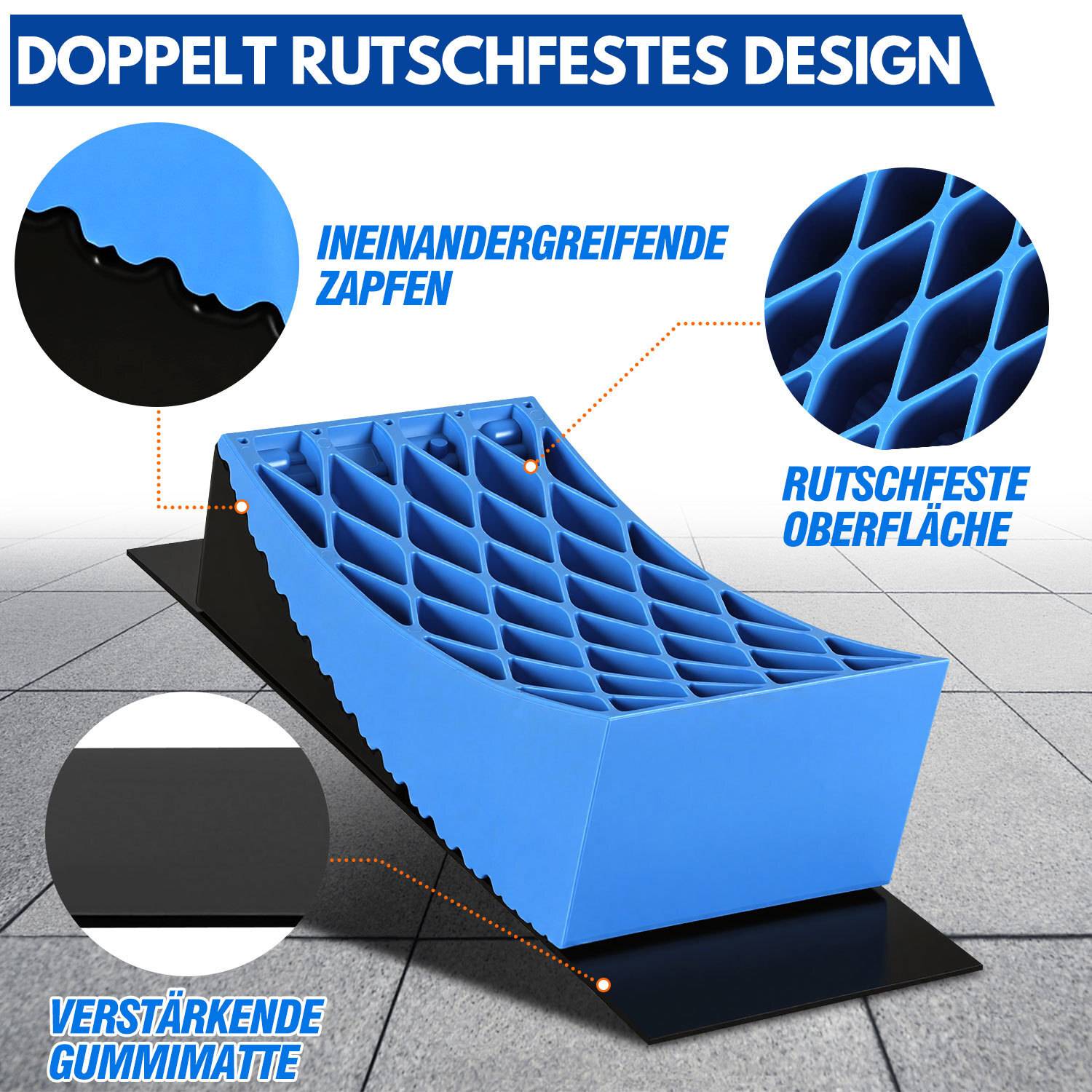 Blaue rutschfeste Rampe mit gerillter Oberfläche und verschließbaren Zapfen auf einer verstärkten Gummimatte, auf Deutsch beschriftet als „Doppelt Rutschfestes Design