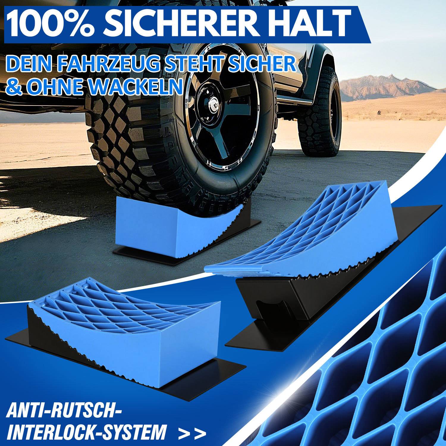 Das Bild zeigt einen Autoreifen, der mit blauen Keilen gesichert ist und ein „Anti-Rutsch-Verriegelungssystem