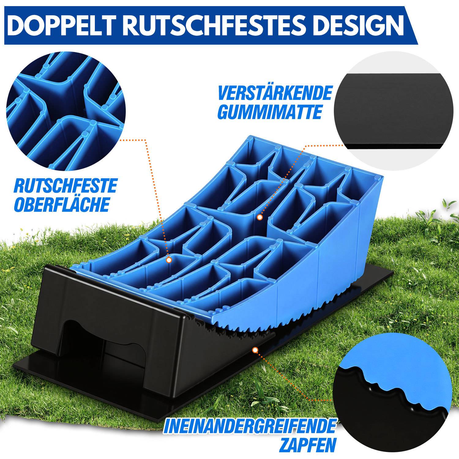 Blau und schwarz rutschfeste Rampendesign mit strukturierter Oberfläche, Gummimatte und Verriegelungsstiften. Deutscher Text hebt Merkmale hervor.