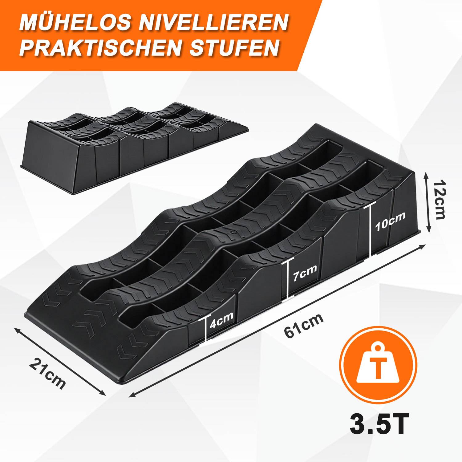 Rampen mit drei Ebenen (4cm, 7cm, 10cm) zum einfachen Ausgleichen, Abmessungen 21cm x 61cm x 12cm, Tragfähigkeit bis zu 3,5 Tonnen.