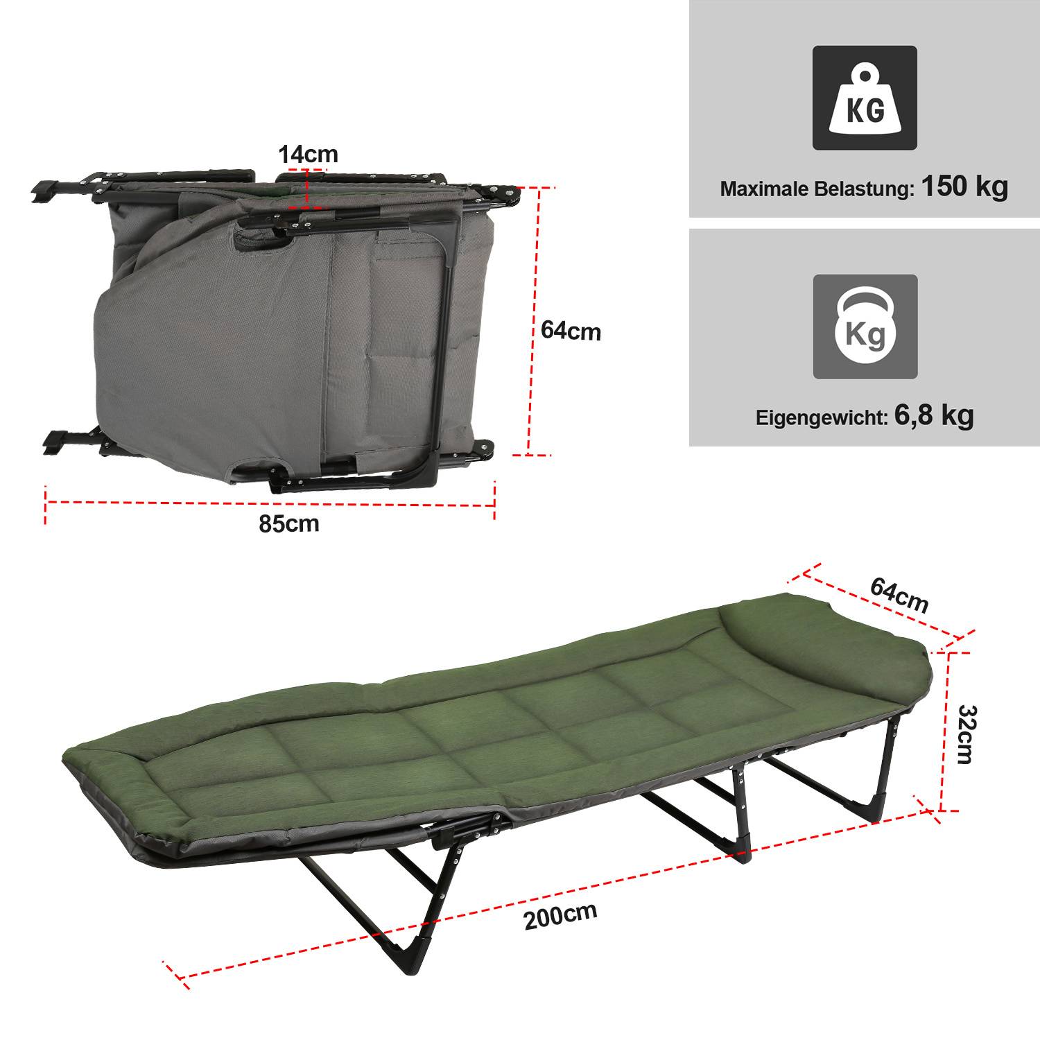 Abbildung einer faltbaren grünen Campingliege mit Aufbewahrungstasche, mit den Abmessungen 200 cm Länge, 64 cm Breite, 32 cm Höhe und Packmaße 85 x 64 x 14 cm; maximale Belastung 150 kg und Gewicht 6,8 kg.