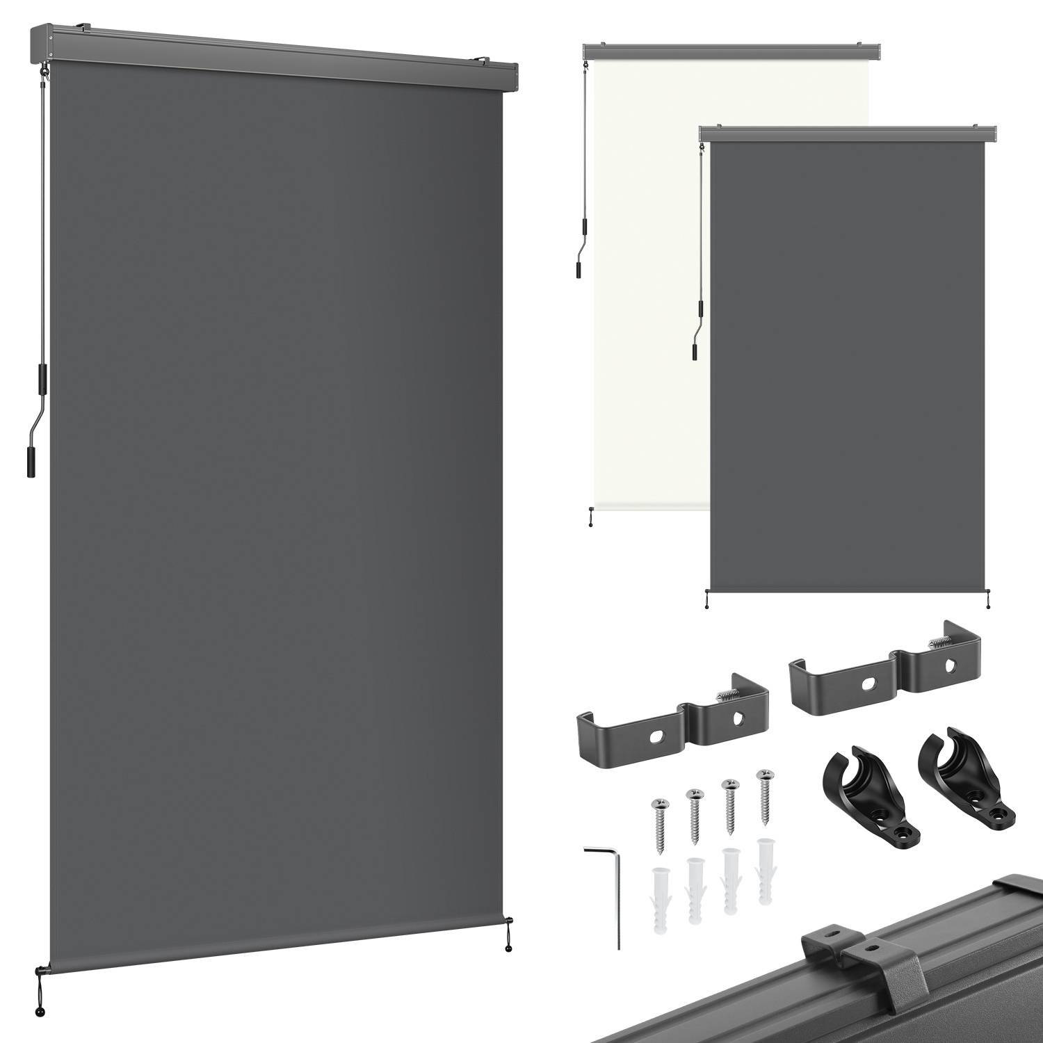 Rolloset bestehend aus einem großen grauen Rollo, einem kleineren weißen Rollo, mit Installationszubehör einschließlich Halterungen, Schrauben und einem Inbusschlüssel.
