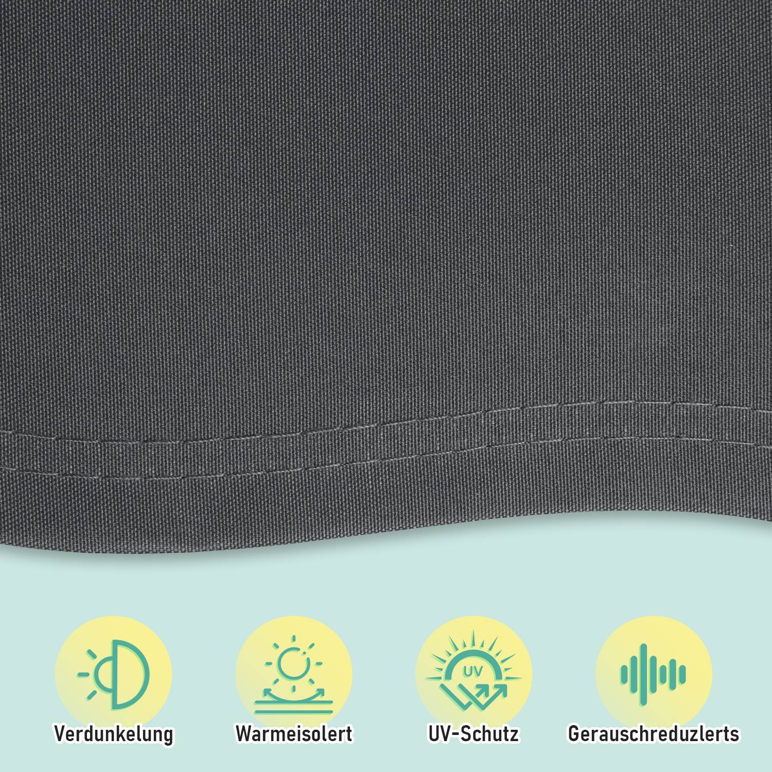 Ein dunkelgraues Gardinenstoffdesign mit Symbolen darunter, die folgende Merkmale hervorheben: „Verdunkelung