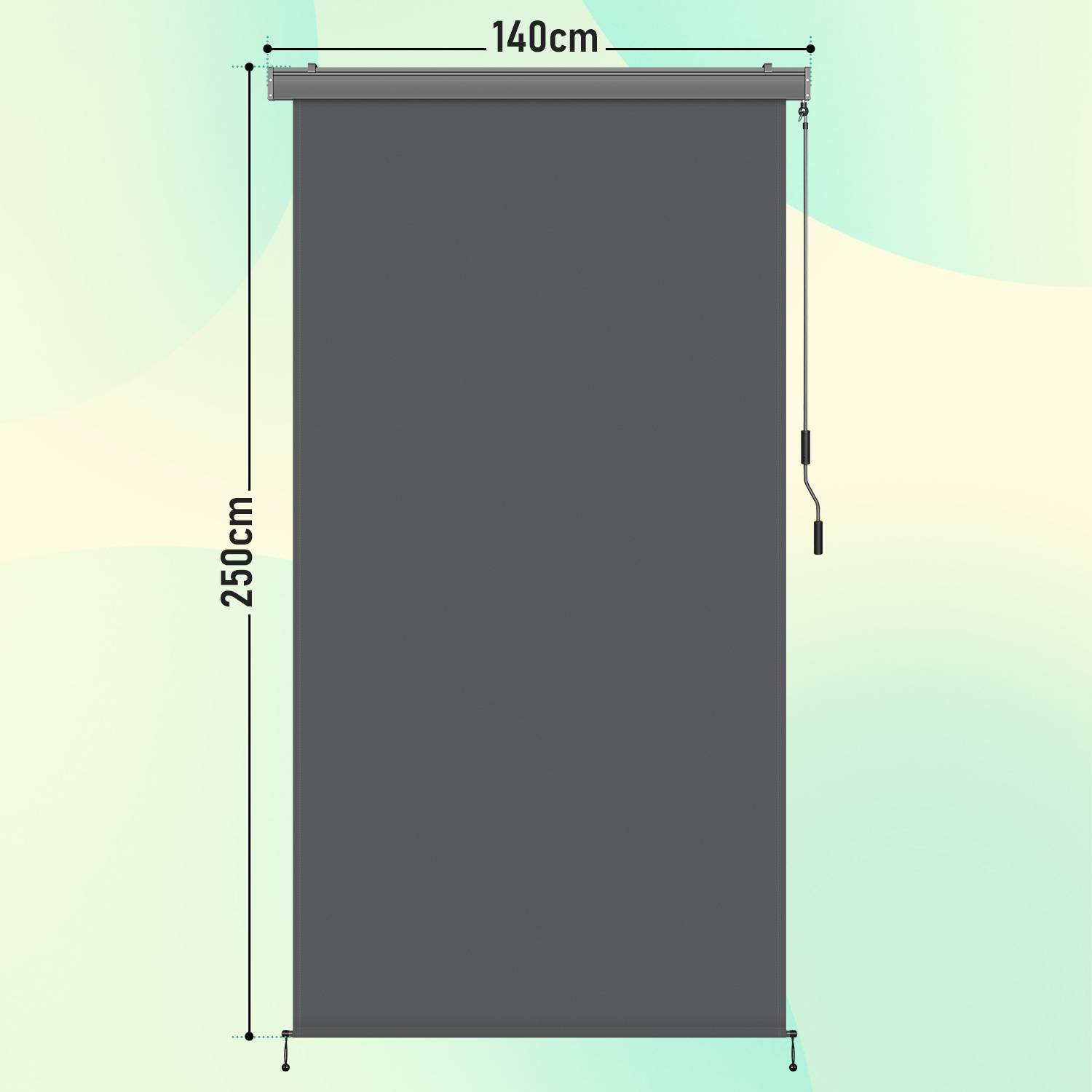 Ein dunkelgrauer Rollo mit Abmessungen von 140cm Breite und 250cm Länge, ausgestattet mit einer Zugschnur auf der rechten Seite.