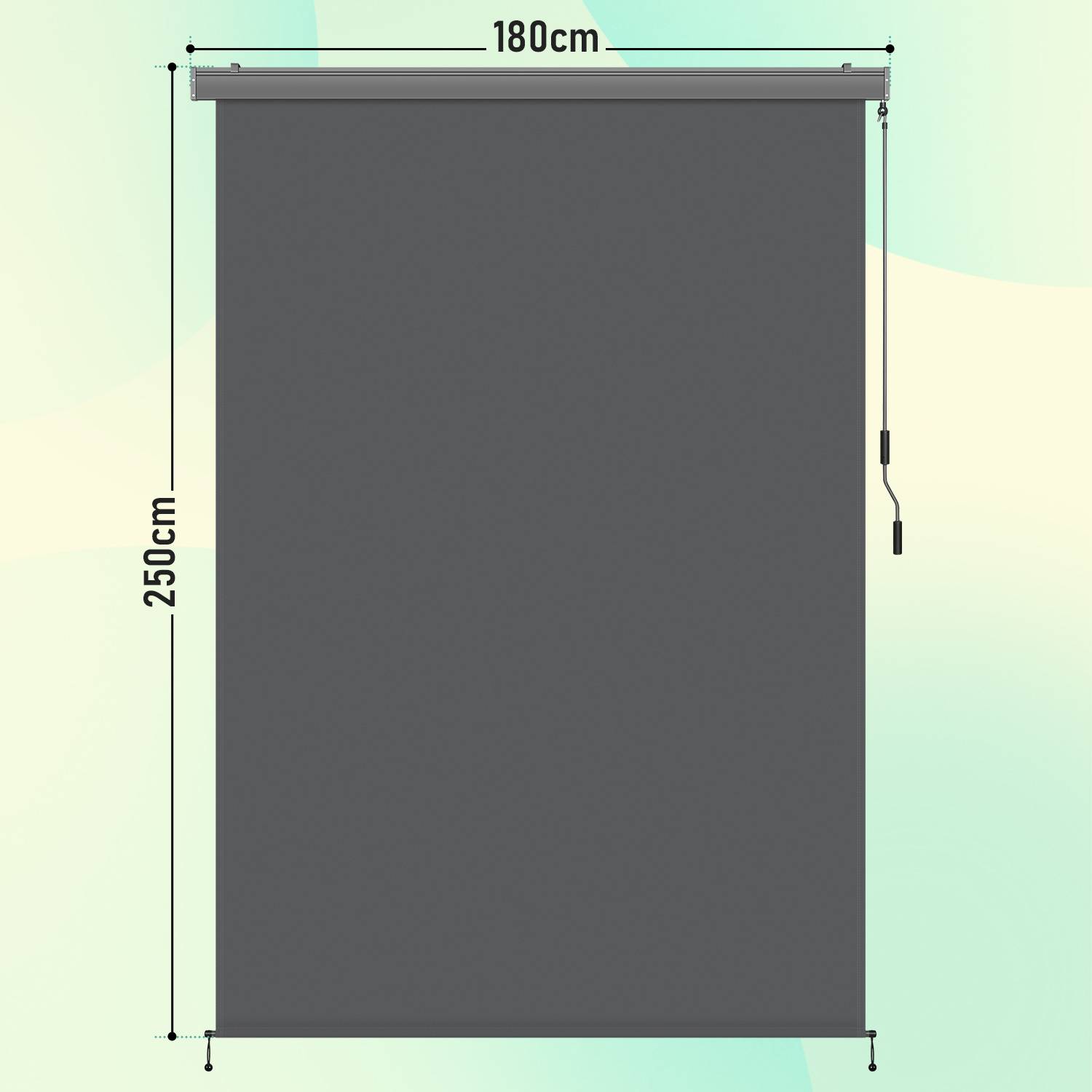 Ein Diagramm einer Rollogardine mit Abmessungen, 180 cm Breite mal 250 cm Höhe, dargestellt vor einem hellen Hintergrund.