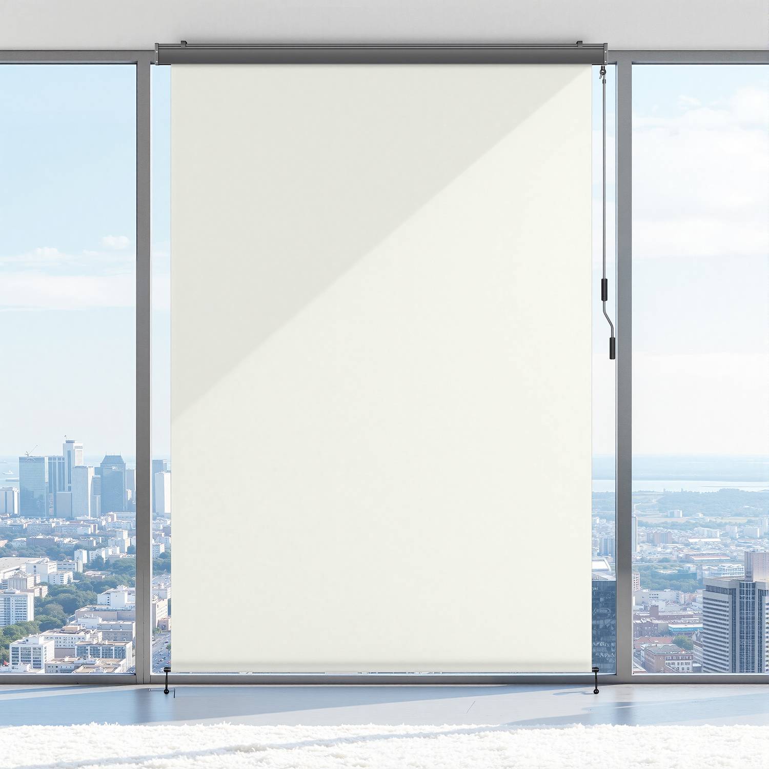 Ein großes Fenster mit teilweise geschlossenen vertikalen Jalousien, mit Ausblick auf eine Stadtlandschaft mit hohen Gebäuden unter einem blauen Himmel.