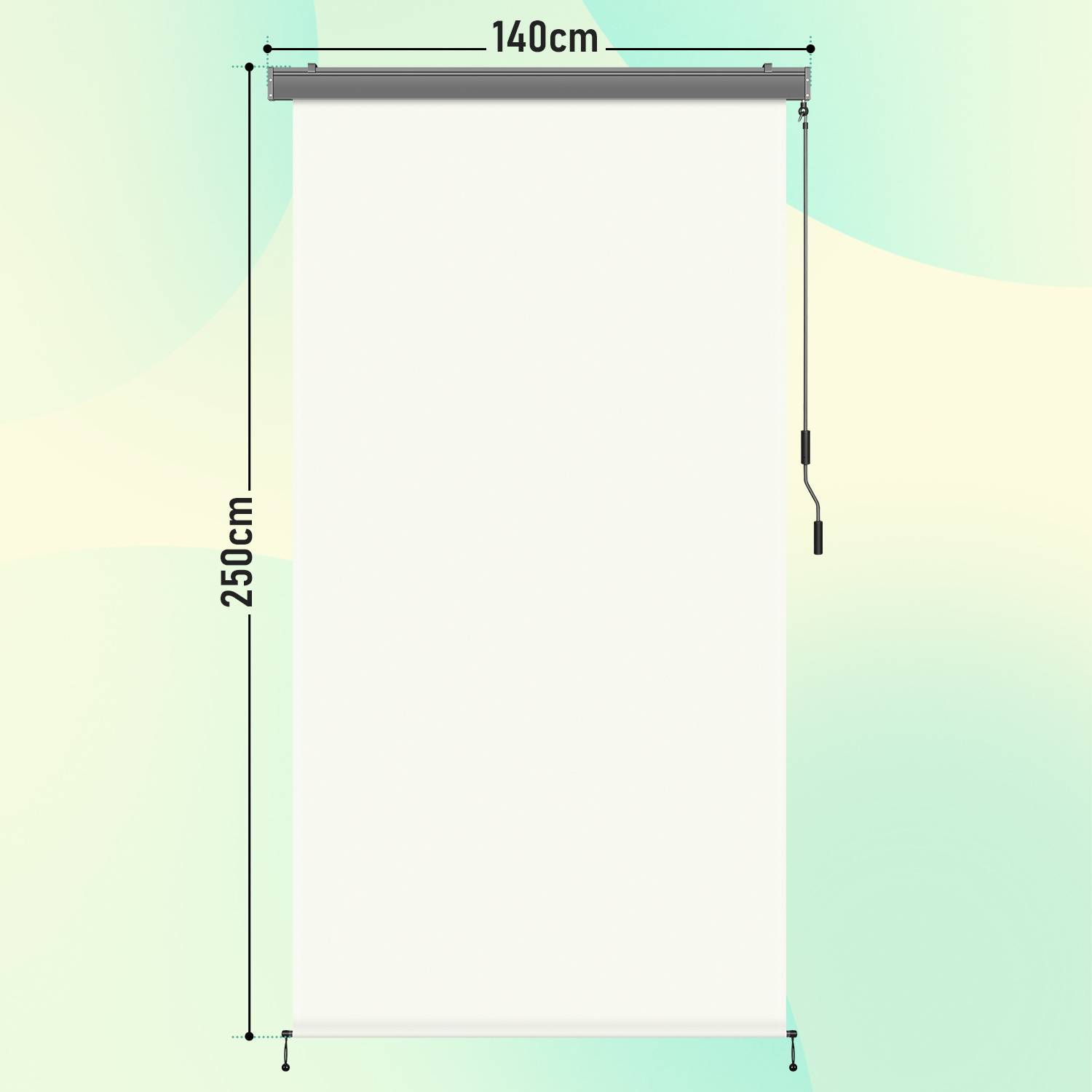 Ein weißer Projektionsleinwand ist aufgehängt mit beschrifteten Abmessungen: 140 cm Breite und 250 cm Höhe.