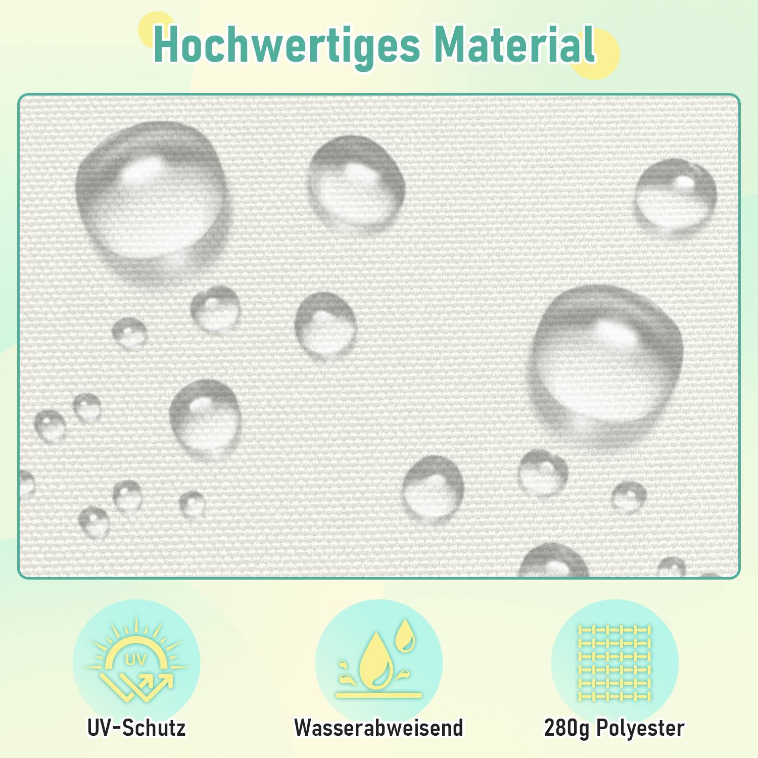 Hochwertiges Material mit Wassertropfen auf strukturierter Oberfläche. Symbole darunter geben folgende Eigenschaften an: UV-Schutz, wasserabweisend, 280g Polyester.
