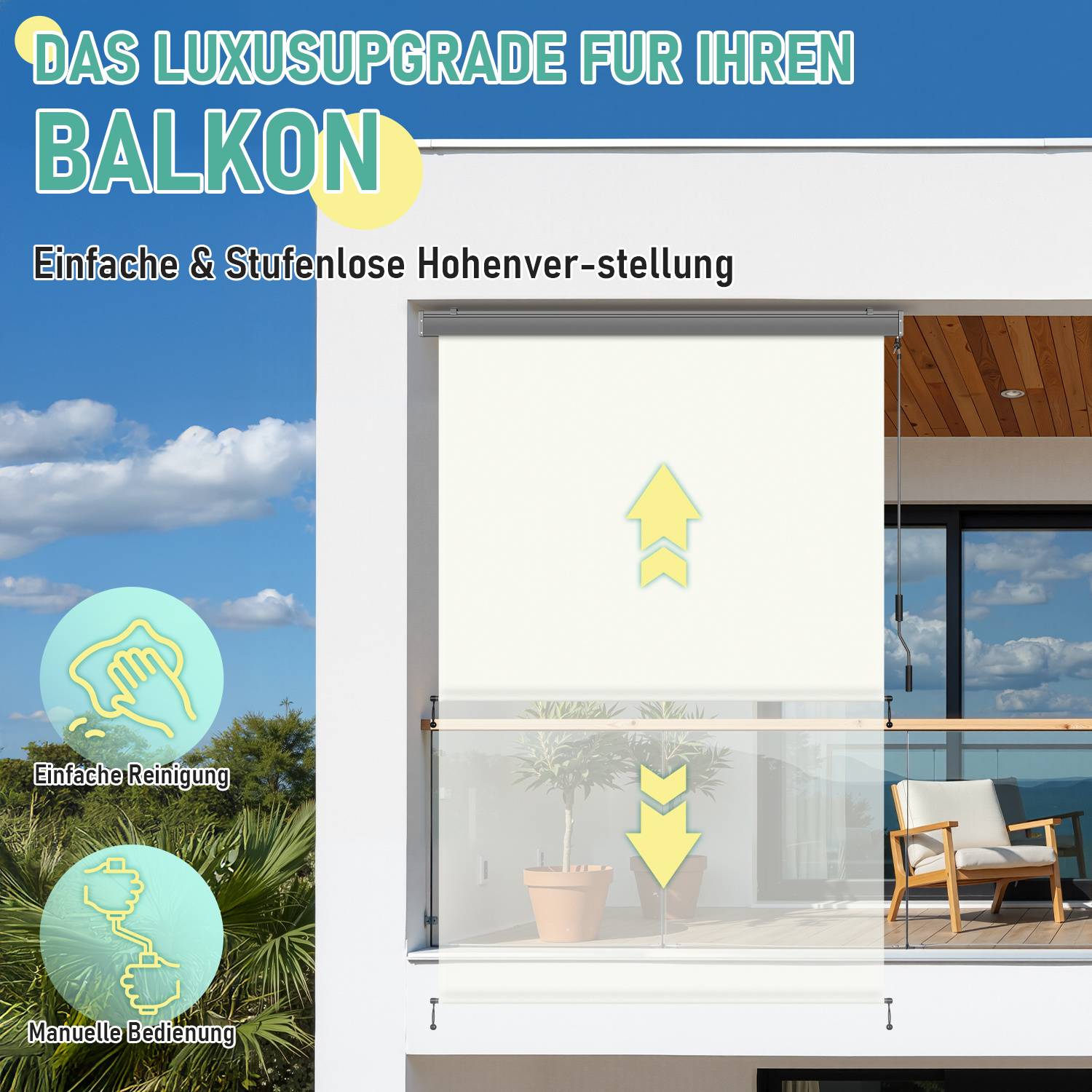 Ein moderner Balkon mit Glasgeländer ist mit einer transparenten Jalousie ausgestattet, die einen Pfeil nach oben und unten aufweist. Ein deutscher Text bewirbt ein Upgrade.