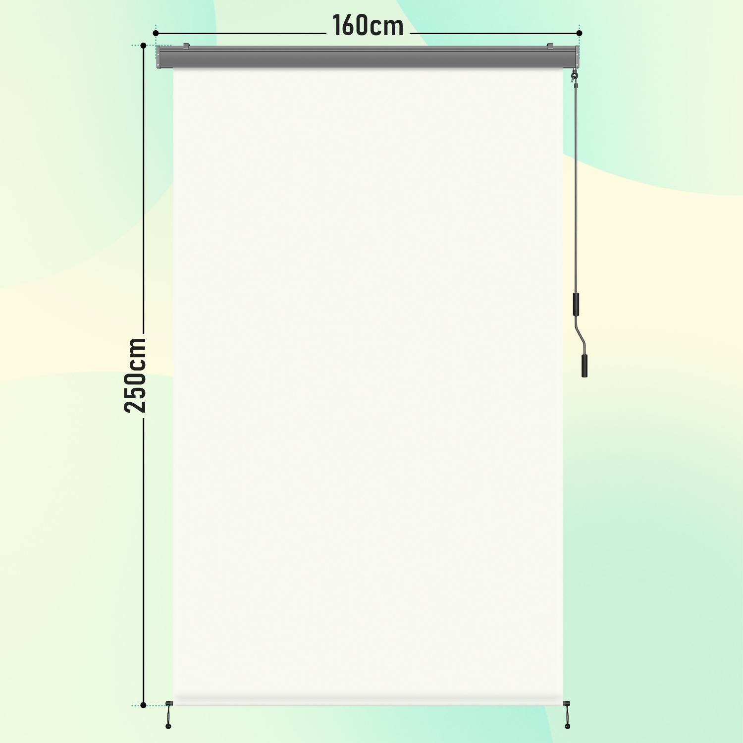 Rolloabmessungen: 160 cm Breite, 250 cm Höhe; weißes Stoffmaterial mit einer grauen Oberleiste und einer Zugschnur auf der rechten Seite.