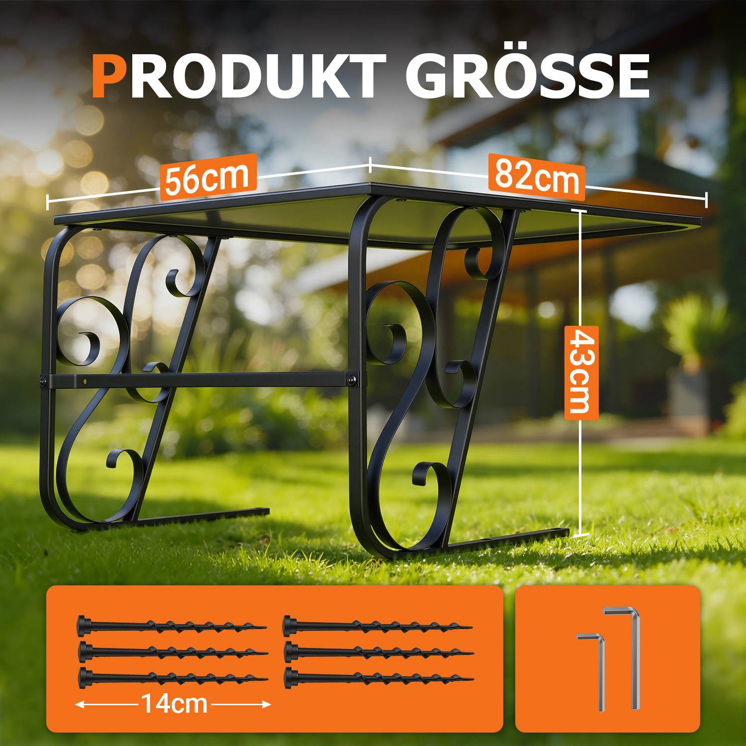 Produktgröße' Tischmaße angegeben: Länge 82cm, Breite 56cm, Höhe 43cm. Verfügt über ornamentales Beindesign. Einschließlich Schrauben und Innensechskantschlüssel.