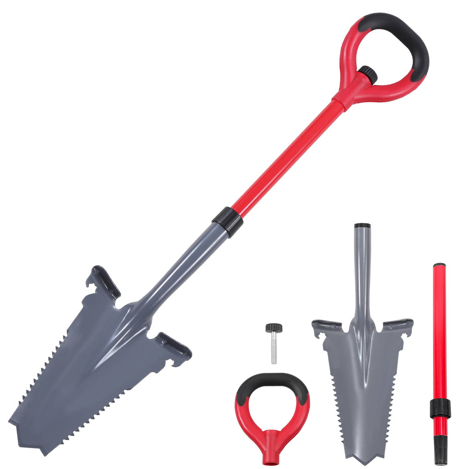 2 Stück Spaten mit Wurzelsäge Mehrzweckschaufel mit Schneidspitze ergonomischer Griff für harte steinige Böden- Rot
