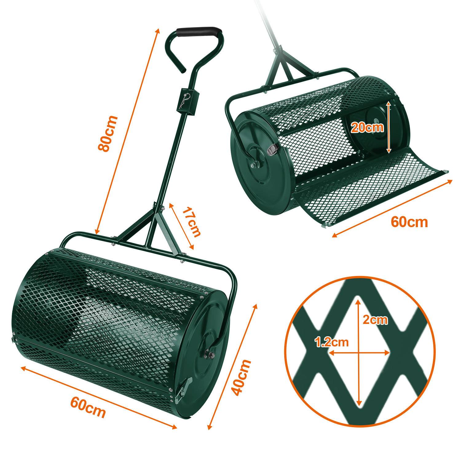 Rasenwalze mit Maschentrommeln; Abmessungen: Griffhöhe 80 cm, Trommeldurchmesser 20 cm, Länge 60 cm, Gitteröffnung 1,2 cm mal 2 cm; dargestellt in Gebrauch und Querschnitt.