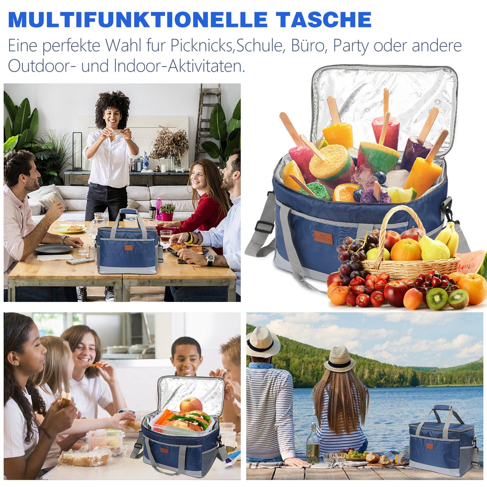 Eine lebendige isolierte Tasche ist mit frischem Obst und Eislollis gefüllt. Menschen genießen ein Picknick, unterhalten sich gesellig und entspannen sich draußen an einem See.