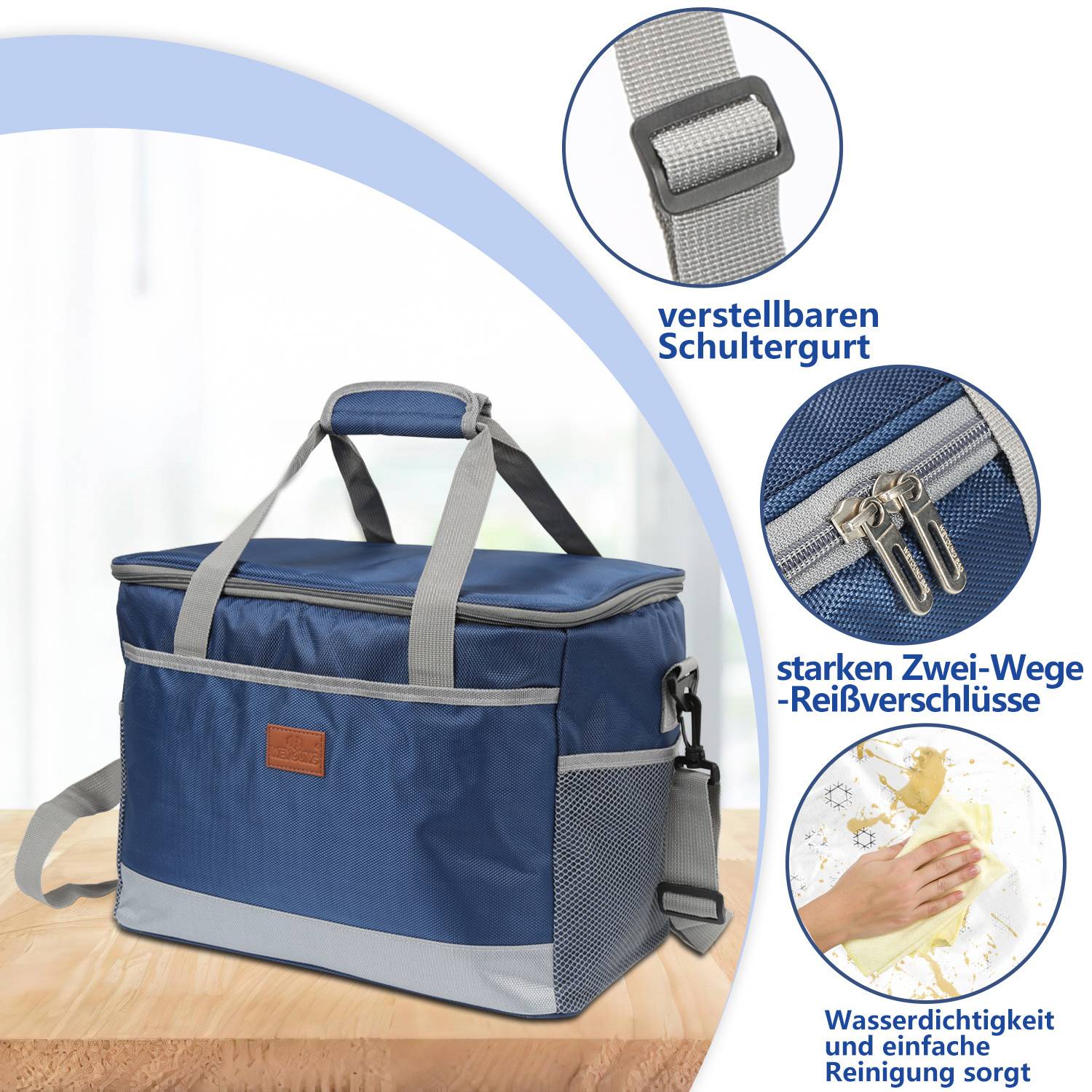Eine blau-graue isolierte Tasche mit verstellbarem Schultergurt und zweirichtungsverschluss. Die Vergrößerung zeigt die wasserdichte und leicht zu reinigende Funktion der Tasche.