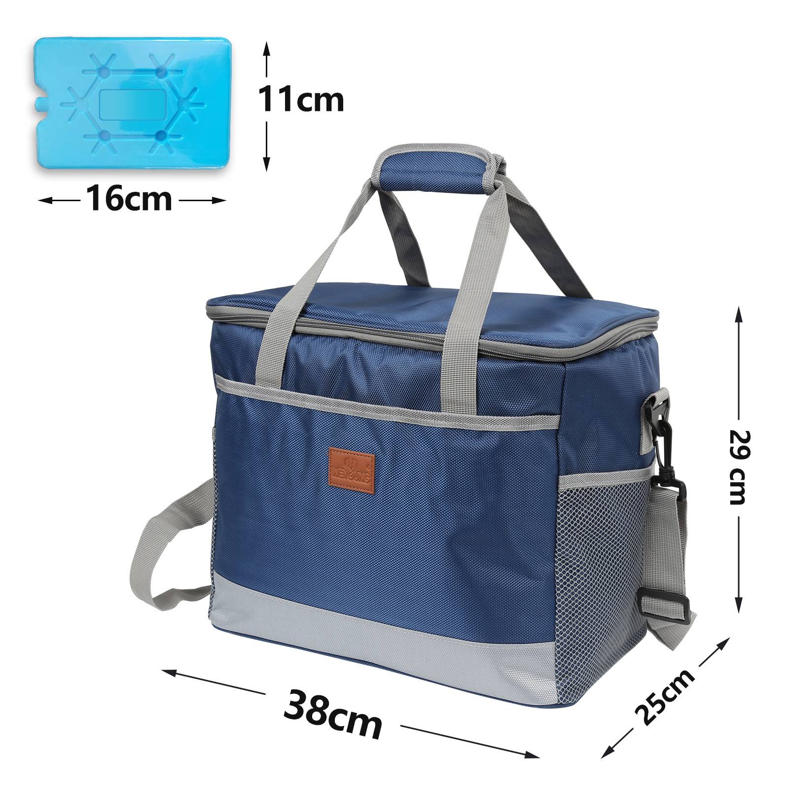 Eine blau isolierte Kühlertasche mit einer Grundfläche von 38cm x 25cm und einer Höhe von 29cm, mit grauen Riemen und einer seitlichen Netztasche. Beinhaltet ein Kühlakku von 16cm x 11cm.