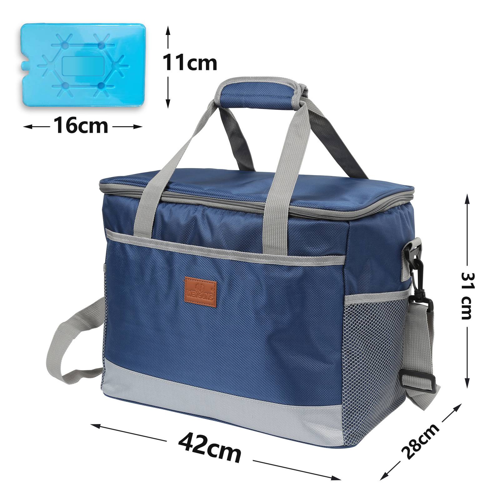 Blauer isolierter Kühlbeutel mit grauen Riemen und Netztasche, Abmessungen 42cm breit, 28cm tief und 31cm hoch. Abnehmbares Kühlpad: 16cm x 11cm.