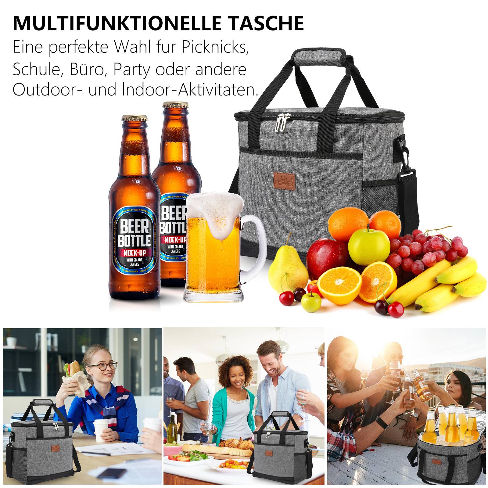 Multifunktionale graue Tasche mit Flaschen, Tassen und Obst in der Nähe angezeigt. Geeignet für Picknicks, Schule, Büro, Partys oder Aktivitäten.