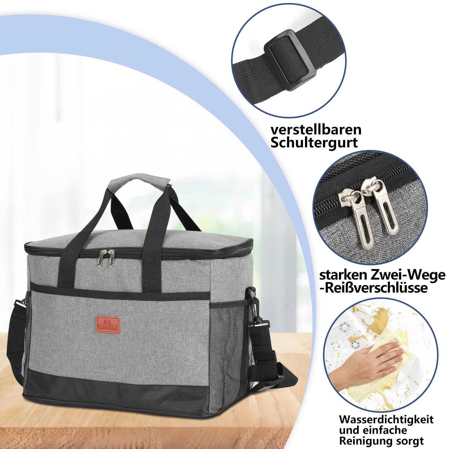 Eine graue isolierte Kühlertasche mit verstellbarem Schultergurt, robusten Zwei-Wege-Reißverschlüssen und einer wasserdichten Oberfläche wird abgewischt.