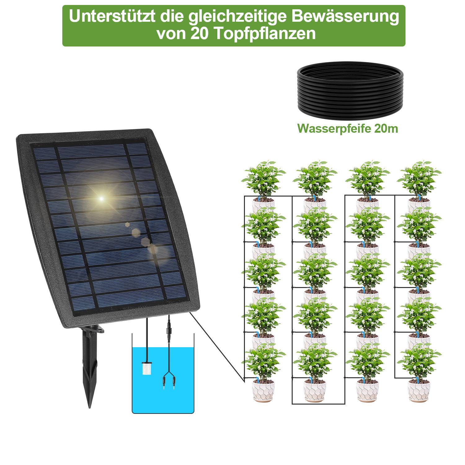 Ein solarbetriebenes Bewässerungssystem unterstützt die gleichzeitige Bewässerung von 20 Topfpflanzen. Umfasst einen 20 Meter langen schwarzen Schlauch und eine Anleitung.